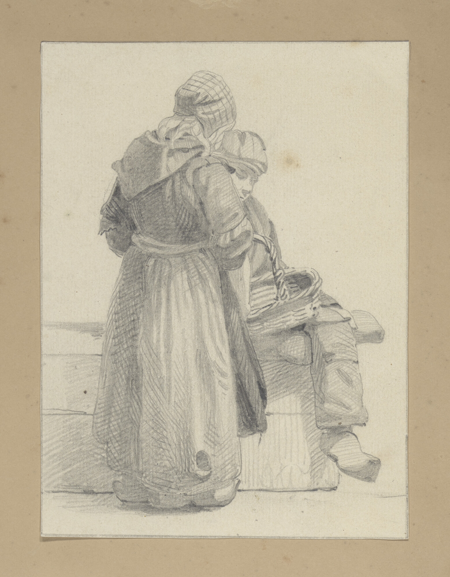 A.0863(11); Een jongen en een meisje met een mand; tekening