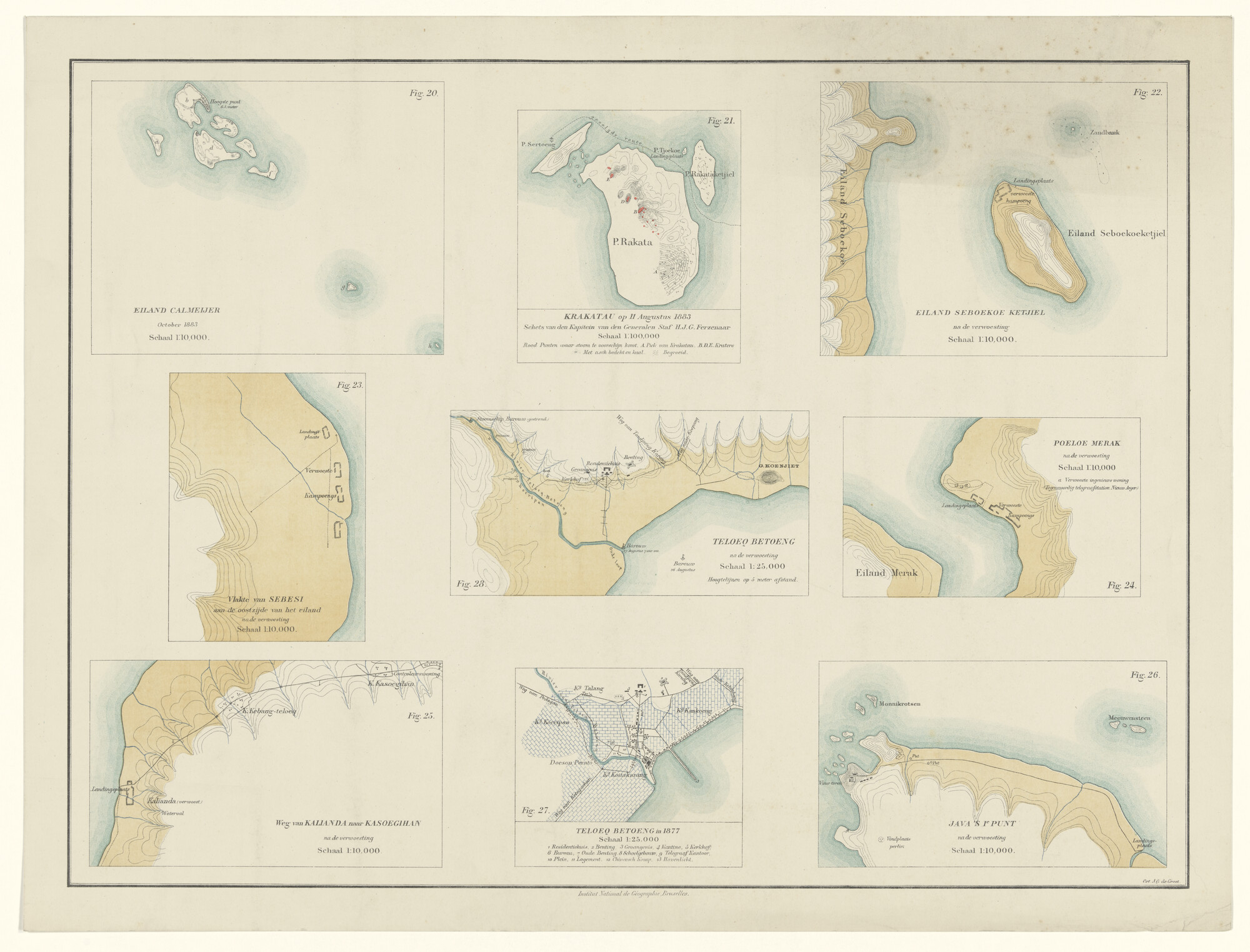 1999.0753; Negen gekleurde landkaartjes van plaatsen voor en na de uitbarsting van de Krakatau van 27 augustus 1883 door J.G. de Groot; landkaart