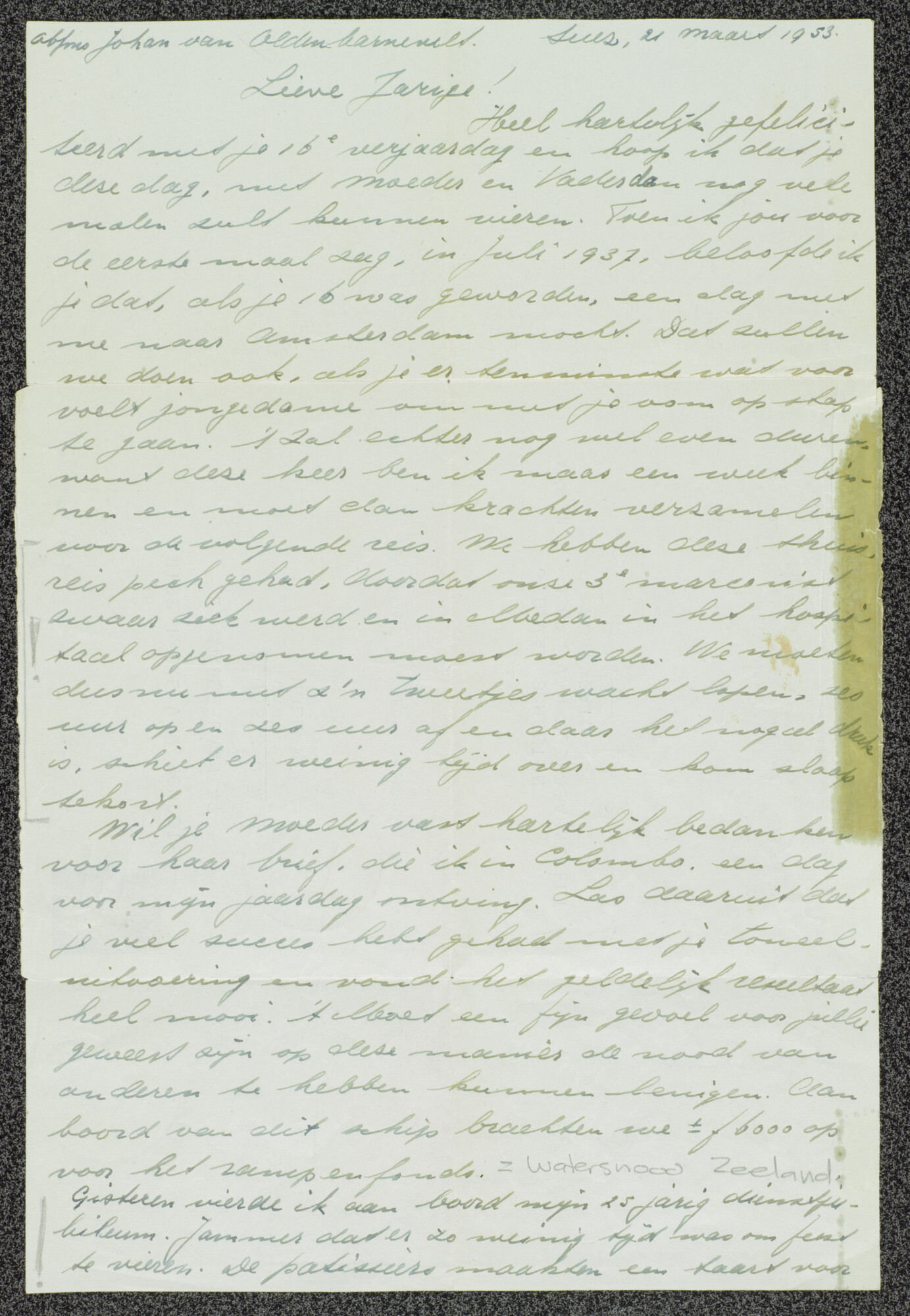2014.0602; Luchtbrief van Jan van Schooten aan zijn nichtje Ineke; brief
