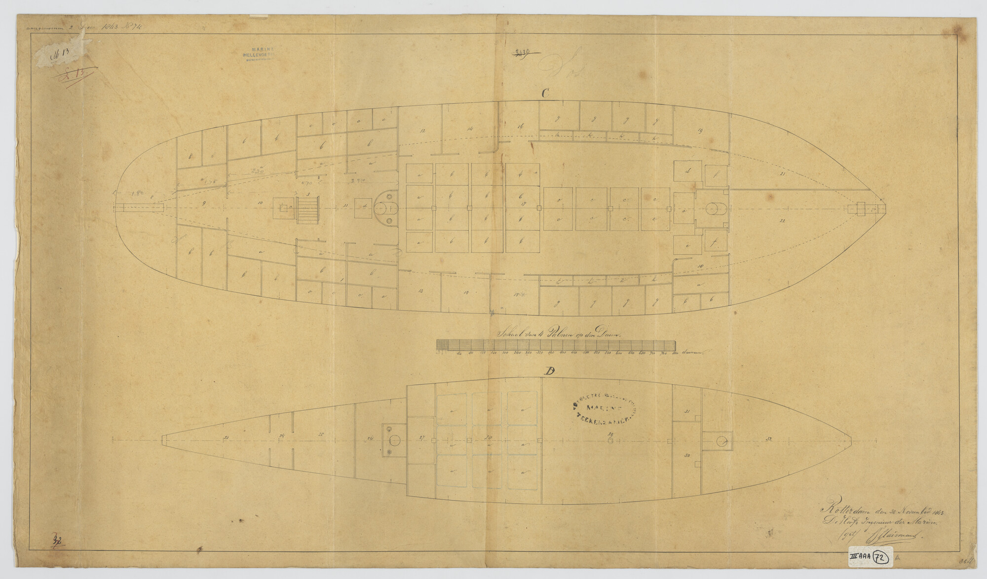 S.1214(0229); Ruim van de schoeners Zr.Ms. 'Vos' en 'Wesp'; technische tekening