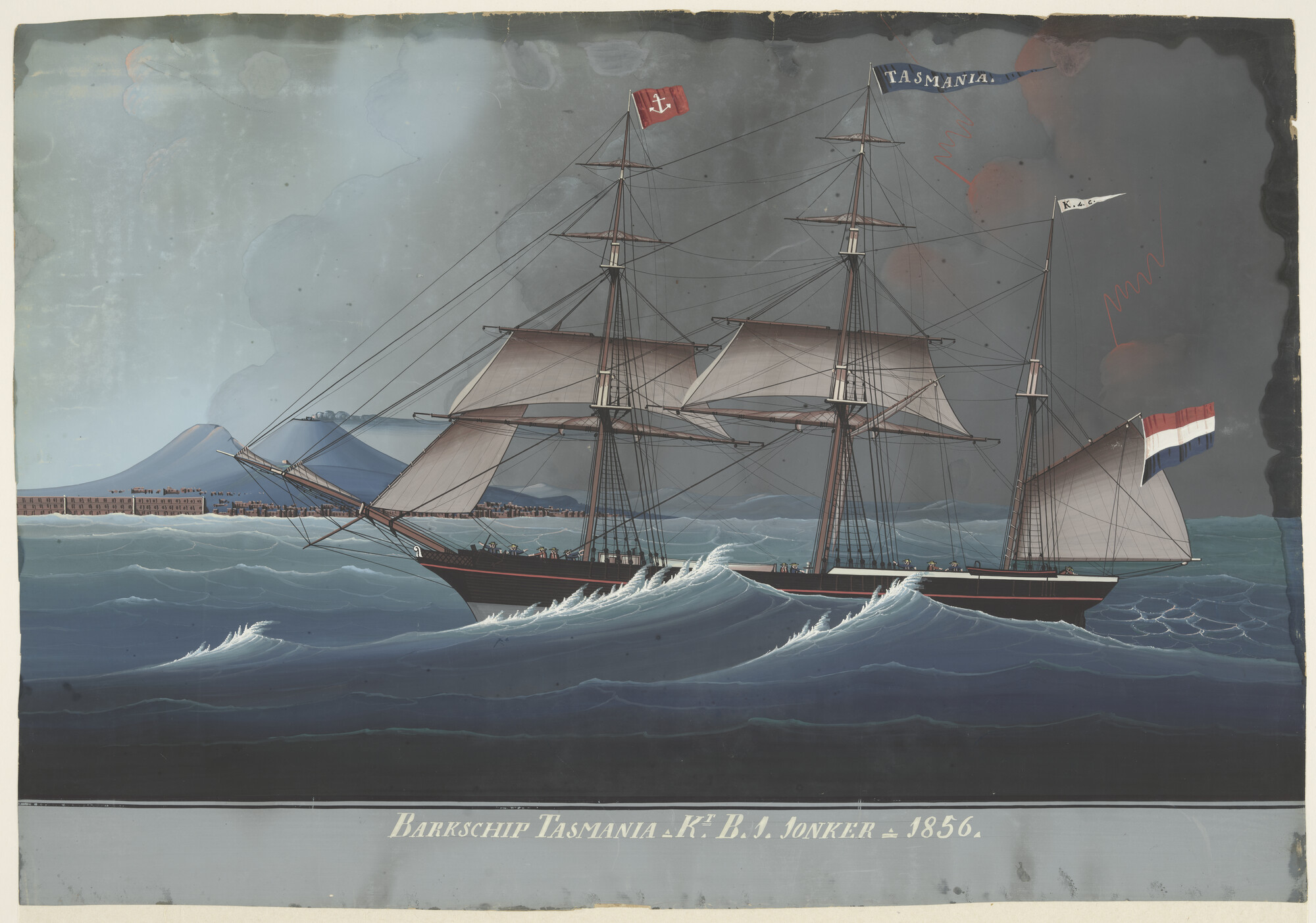 A.2912(01); Het barkschip 'Tasmania' onder klien zeil ter hoogte van Napels, met op de achtergrond de Vesuvius; tekening