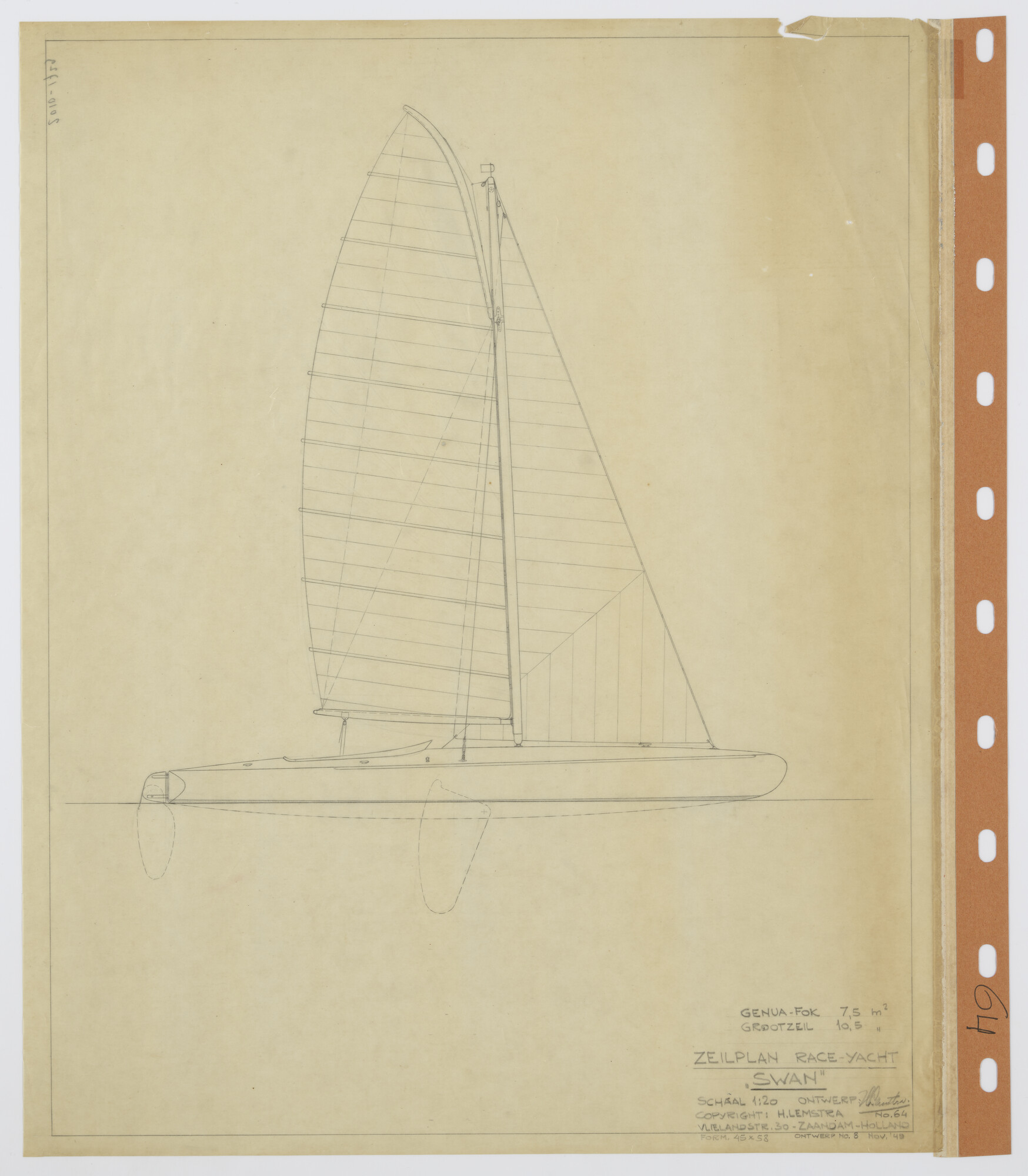 2010.1729; Zeilplan van het race-yacht Swan van 6.00 m; technische tekening