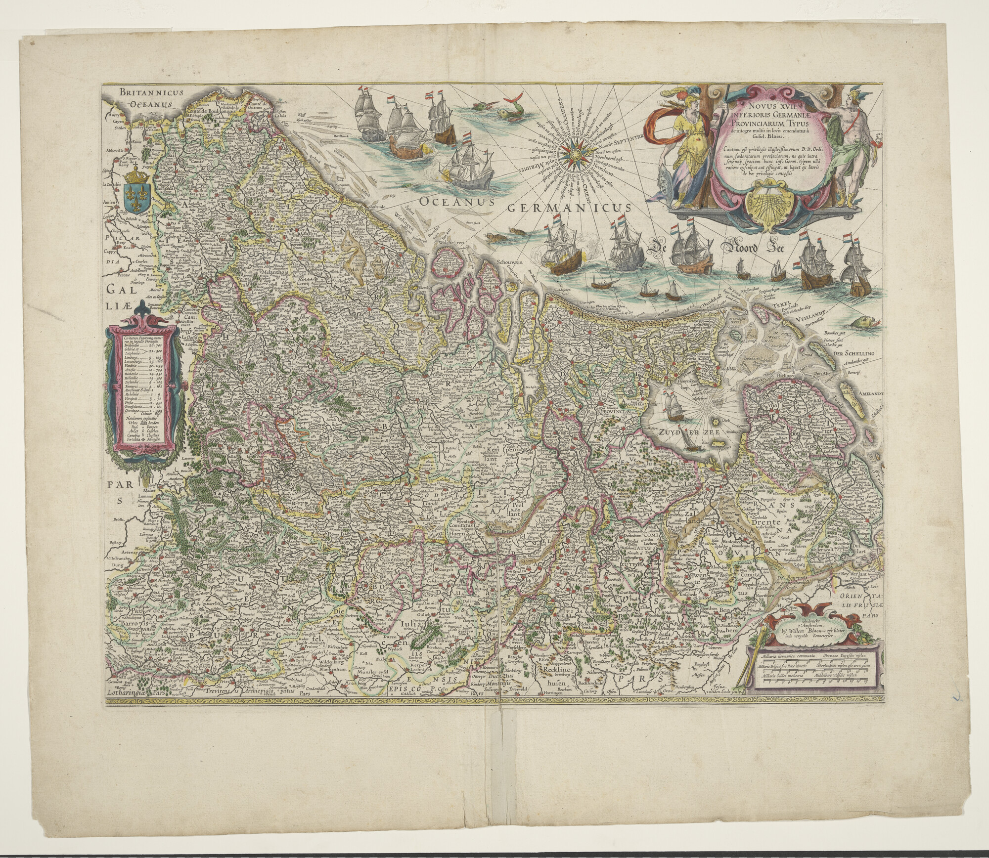 A.3845(01)003; Met de hand gekleurde kaart van de zeventien provincien door Willem Blaeu; landkaart