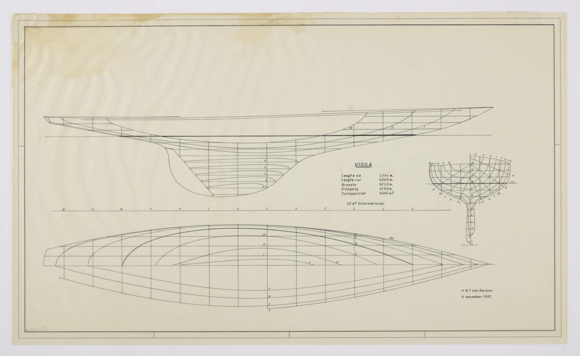 2012.0303; lijnenplan van de 22m2 scherenkruiser 'Vigila' van 13.96 m; technische tekening