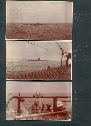2001.1108; Blad uit een fotoalbum, met 6 foto's van de onderzeeboten Hr.Ms. K IV en K V; fotoalbum