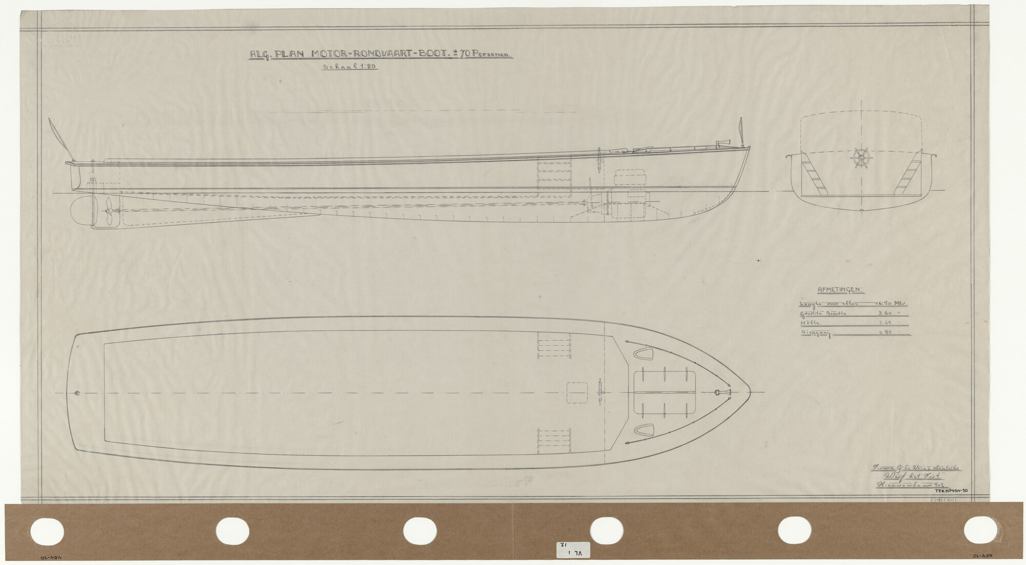 S.5180(0015); Algemeen plan van een rondvaartboot voor 70 personen; technische tekening