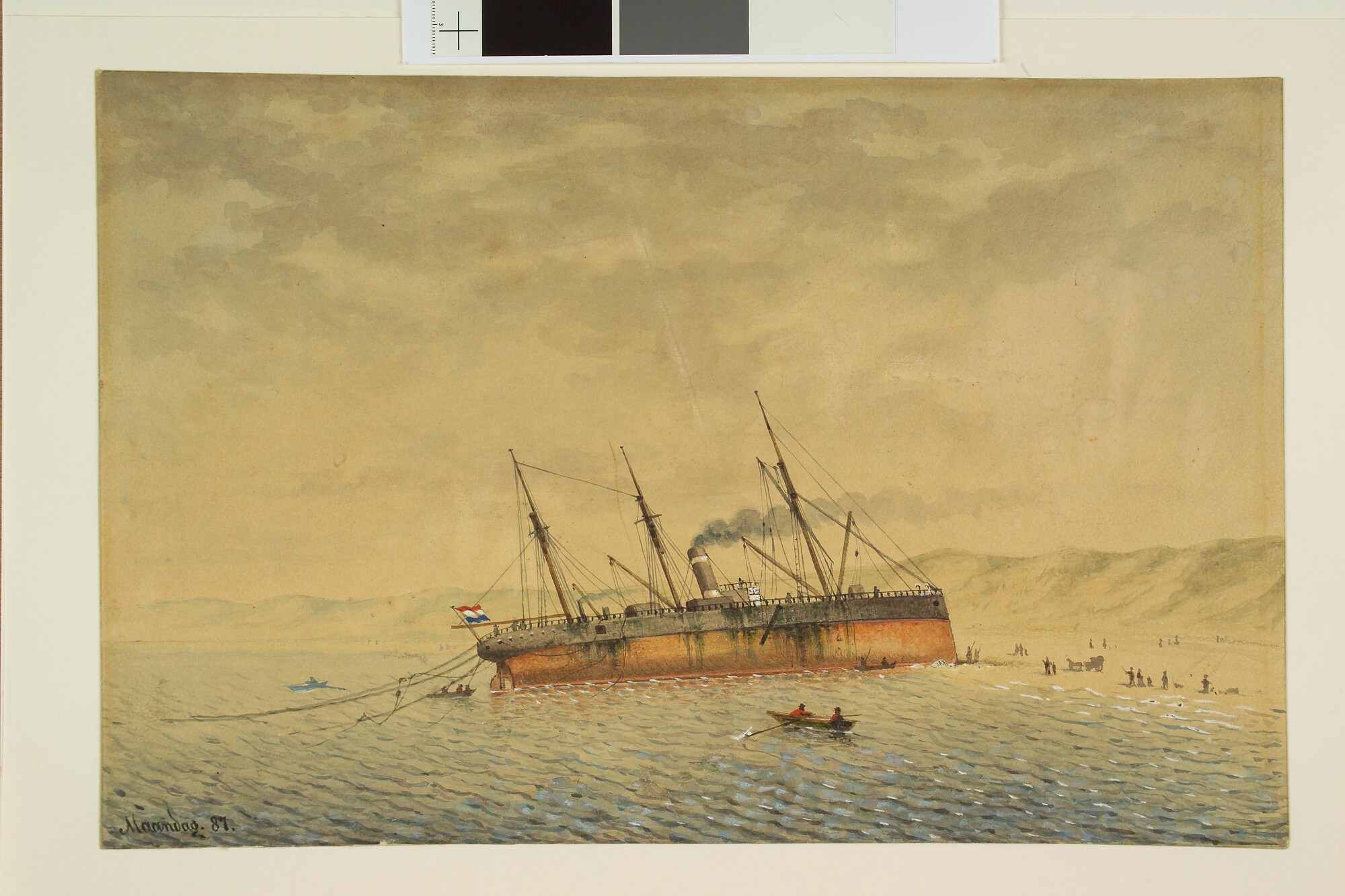 S.5612(04); Stranding van het stoomschip 'Stella' bij IJmuiden op 7 maart 1887; tekening