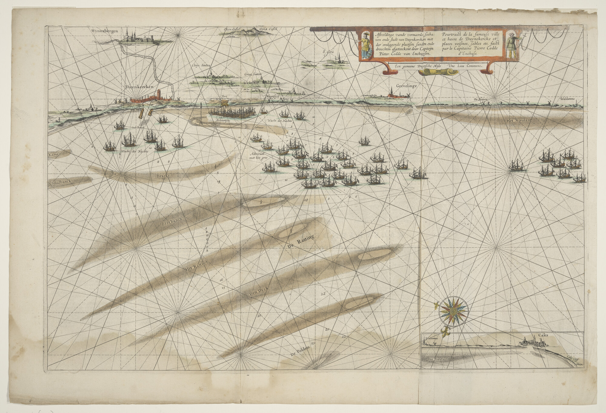 B.0216(0289); Kaart en aanzicht van Duinkerken en omliggende plaatsen; zeekaart