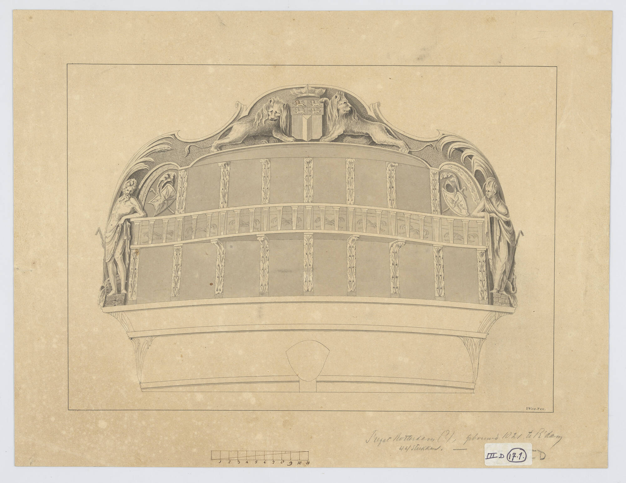 S.0600(01)102; Spiegel met twee rijen van een schip; technische tekening