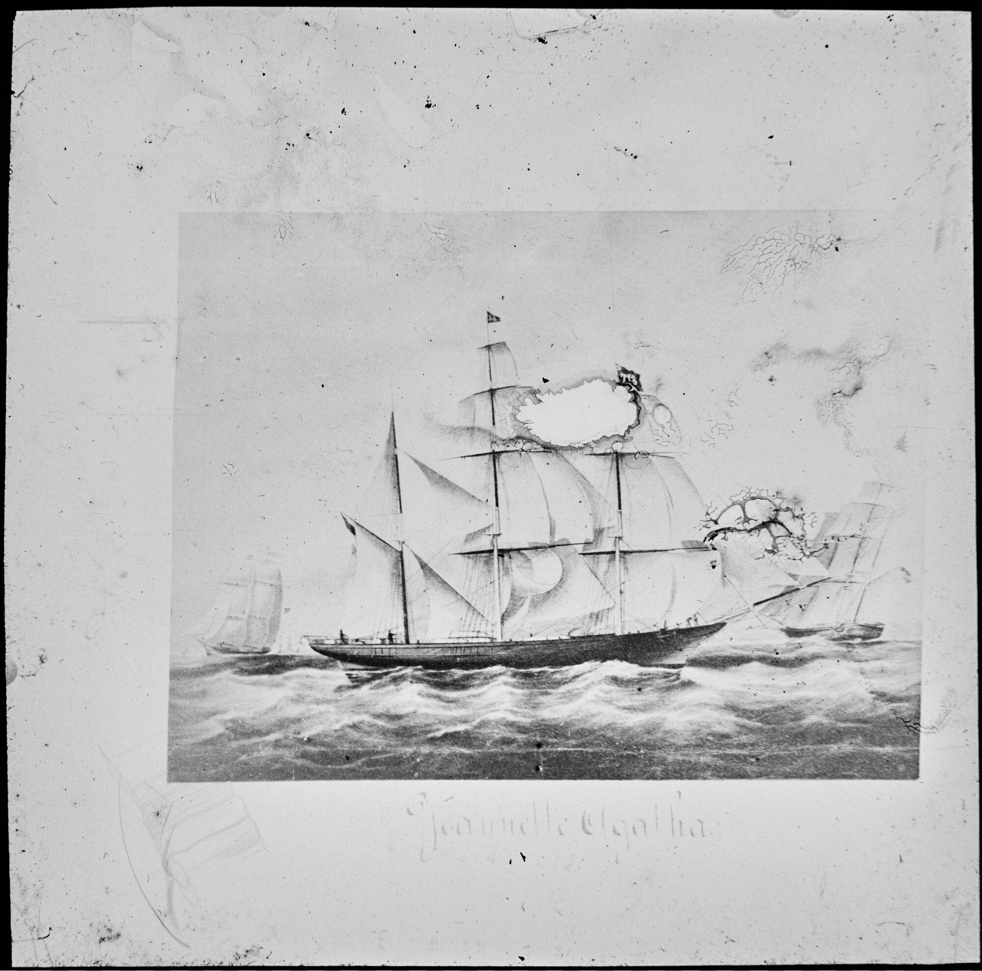 S.1156(06)107; Lantaarnplaatje van een tekening gemaakt door J. Spin van het barkschip  'Jeanette Agatha'; lantaarnplaatje