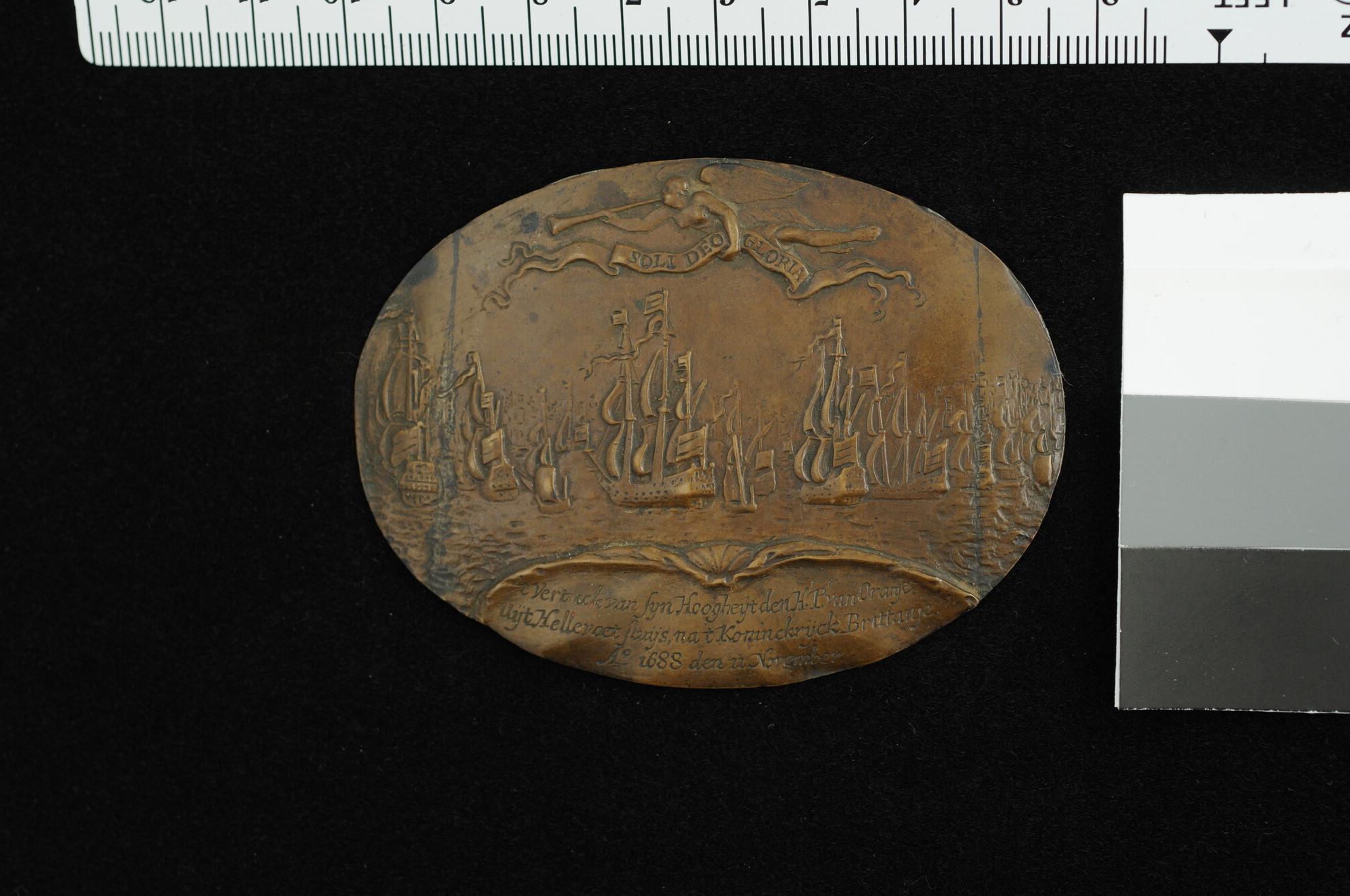 A.0465(01); Plaquette op de overtocht van prins Willem III naar Engeland, 1688; plaquette