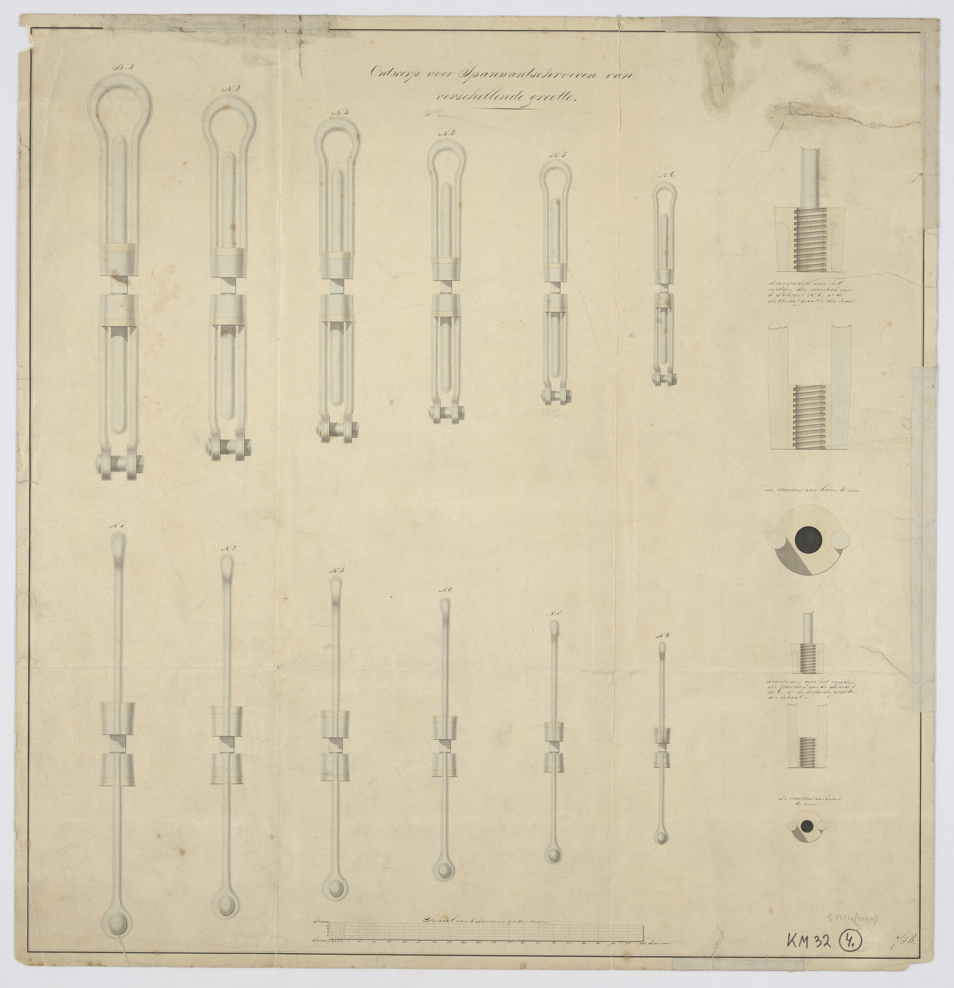 S.1214(0044); Spanschroeven van verschillende grootte; technische tekening