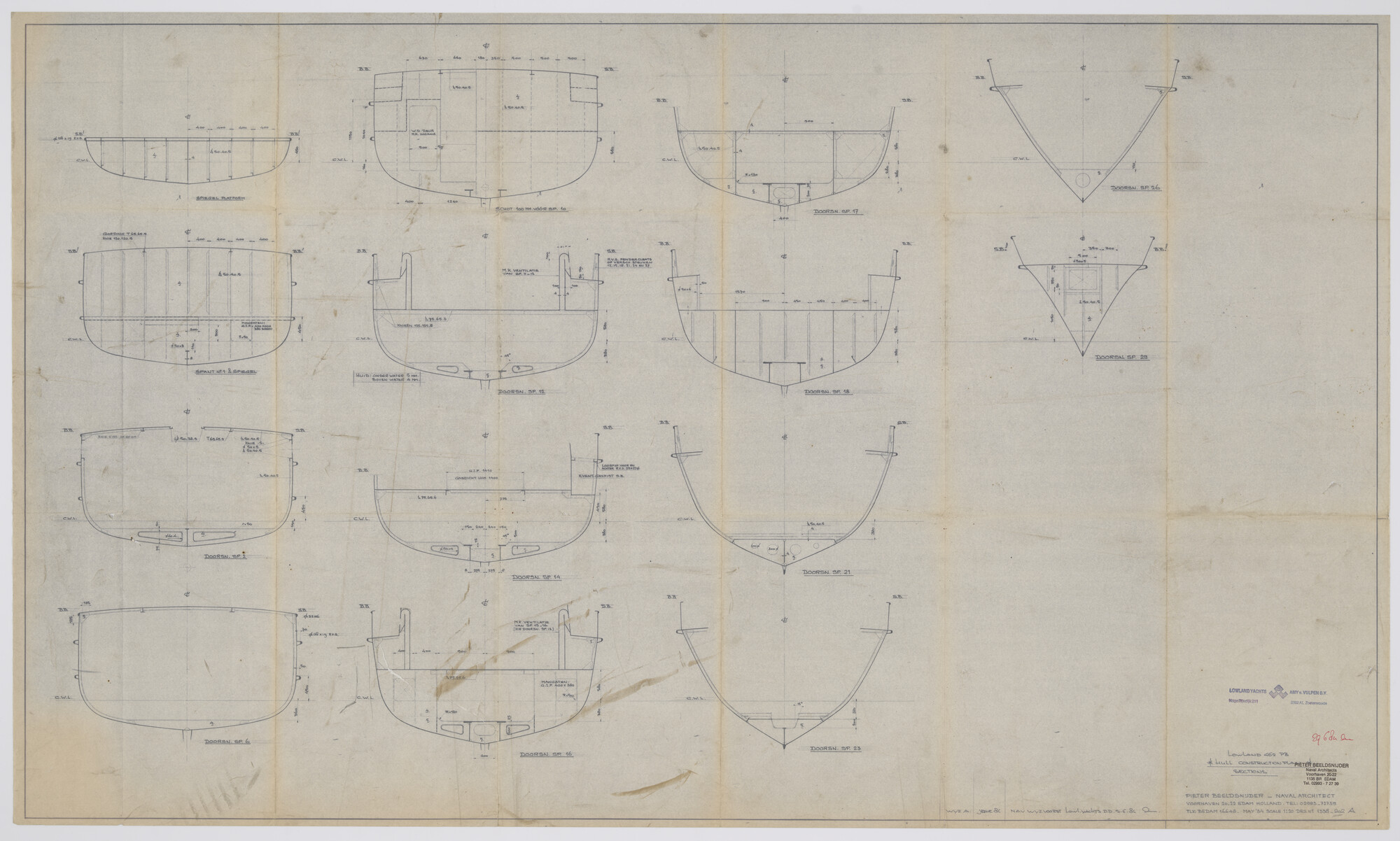 2010.0316; Constructieplan van de romp van een Lowland 462 P.B; technische tekening
