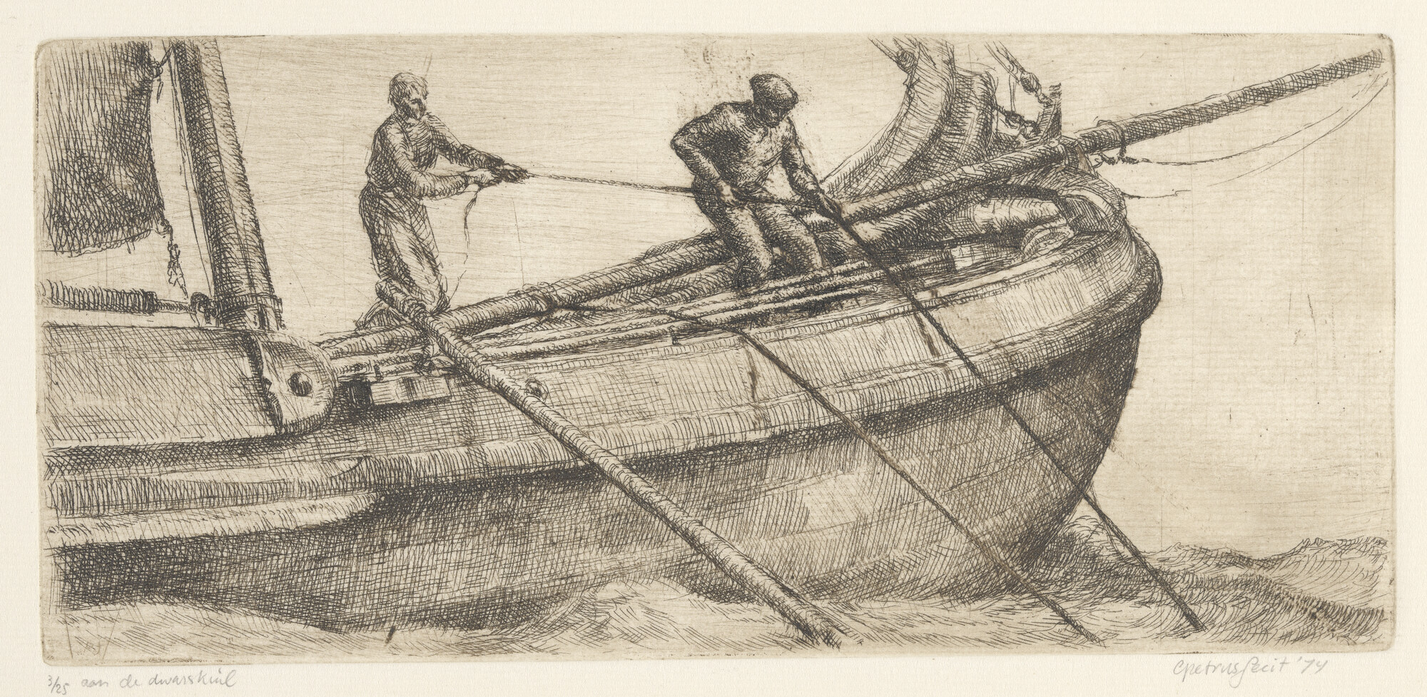 A.4784(01); 'Aan de dwarskuil': vissers aan het werk op een botter; prent