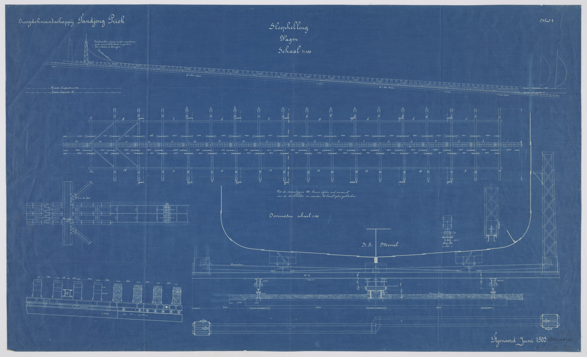 S.2175(5460); Doorsneden van de sleephelling bij de Droogdok Maatschappij 'Tandjong Priok' met S.S. 'Mossel'; technische tekening