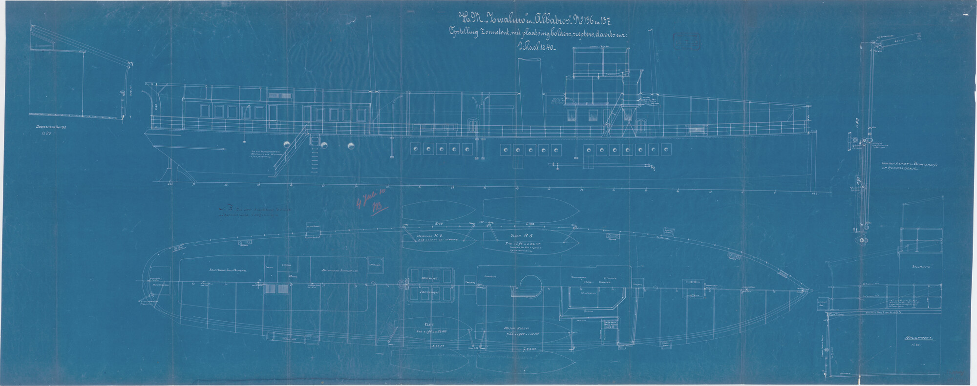 S.2175(3069); Zijaanzicht tot op de waterlijn, bovenaanzicht en halve dwarsdoorsnede over spant 85 van de stoomschepen voor de gouvernementsmarine Hr.Ms. Zwaluw (II) en Albatros (II); technische tekening