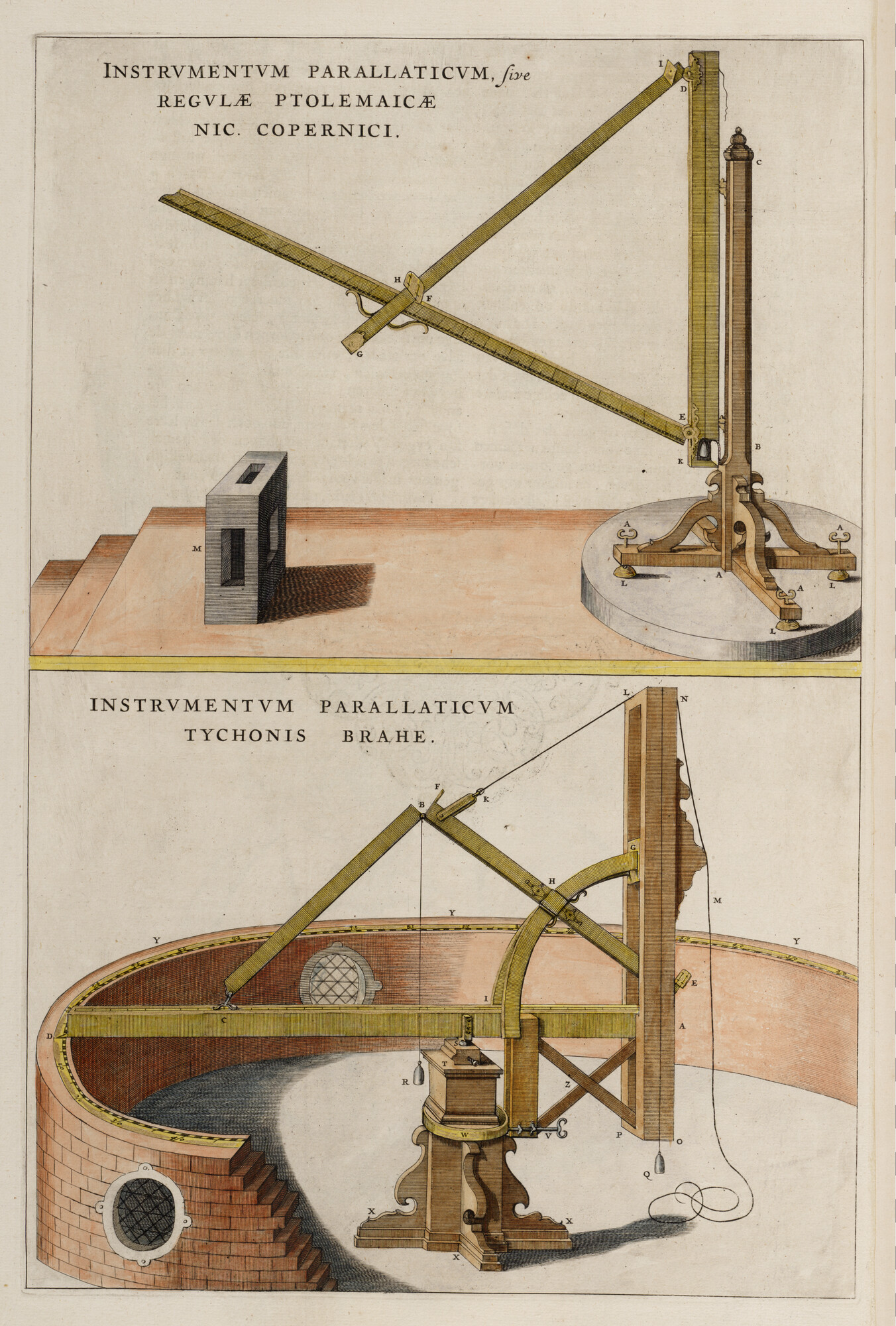 S.1034(01) [kaart 037]; Twee parallactisch instrumenten in het observatroium Uraniënborg van Tycho Brahe op het eiland Hven in de Sont; prent