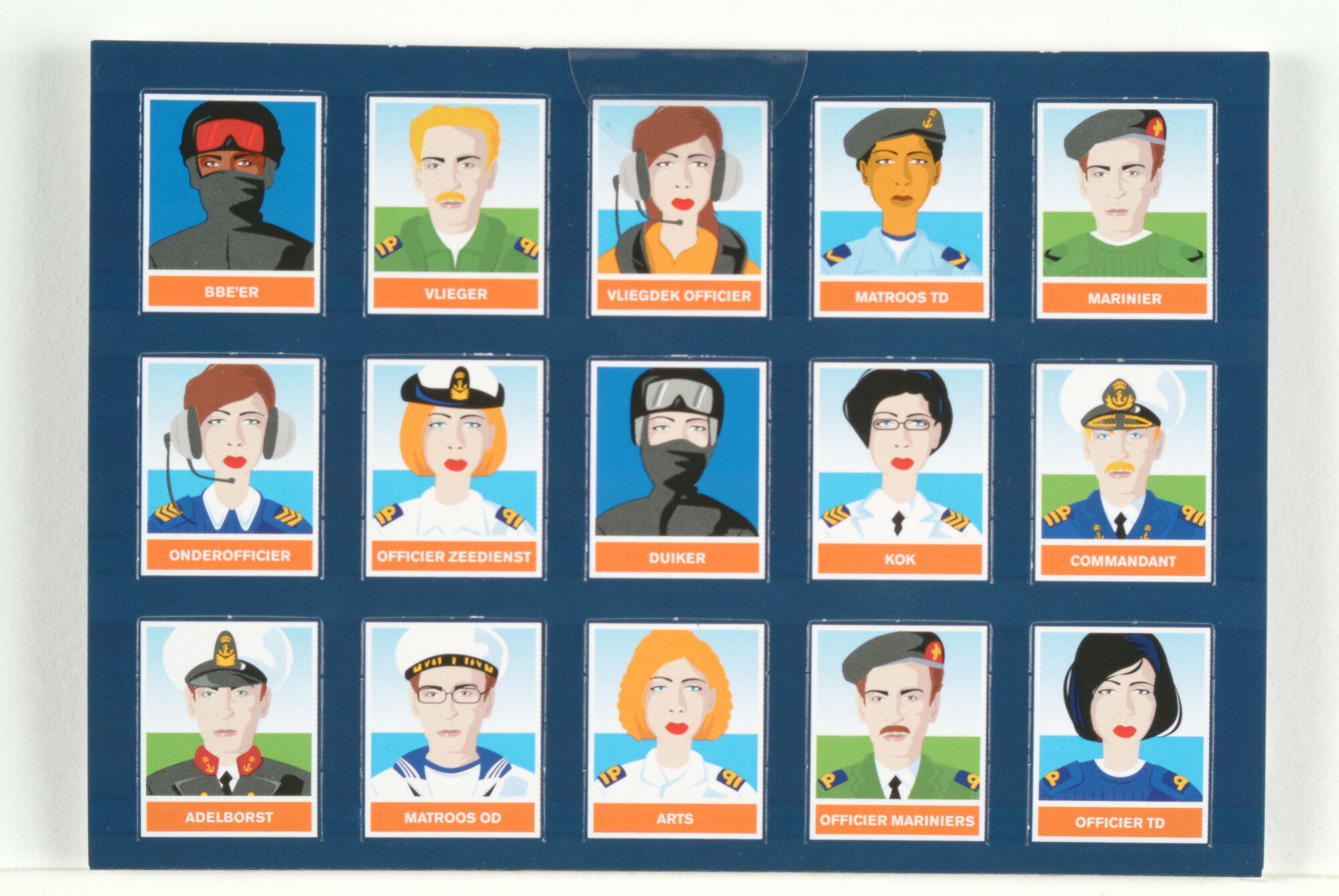 2003.1089; Prentbriefkaart (spel) met 30 getekende portretten van personeel van de Koninklijke Marine; prentbriefkaart