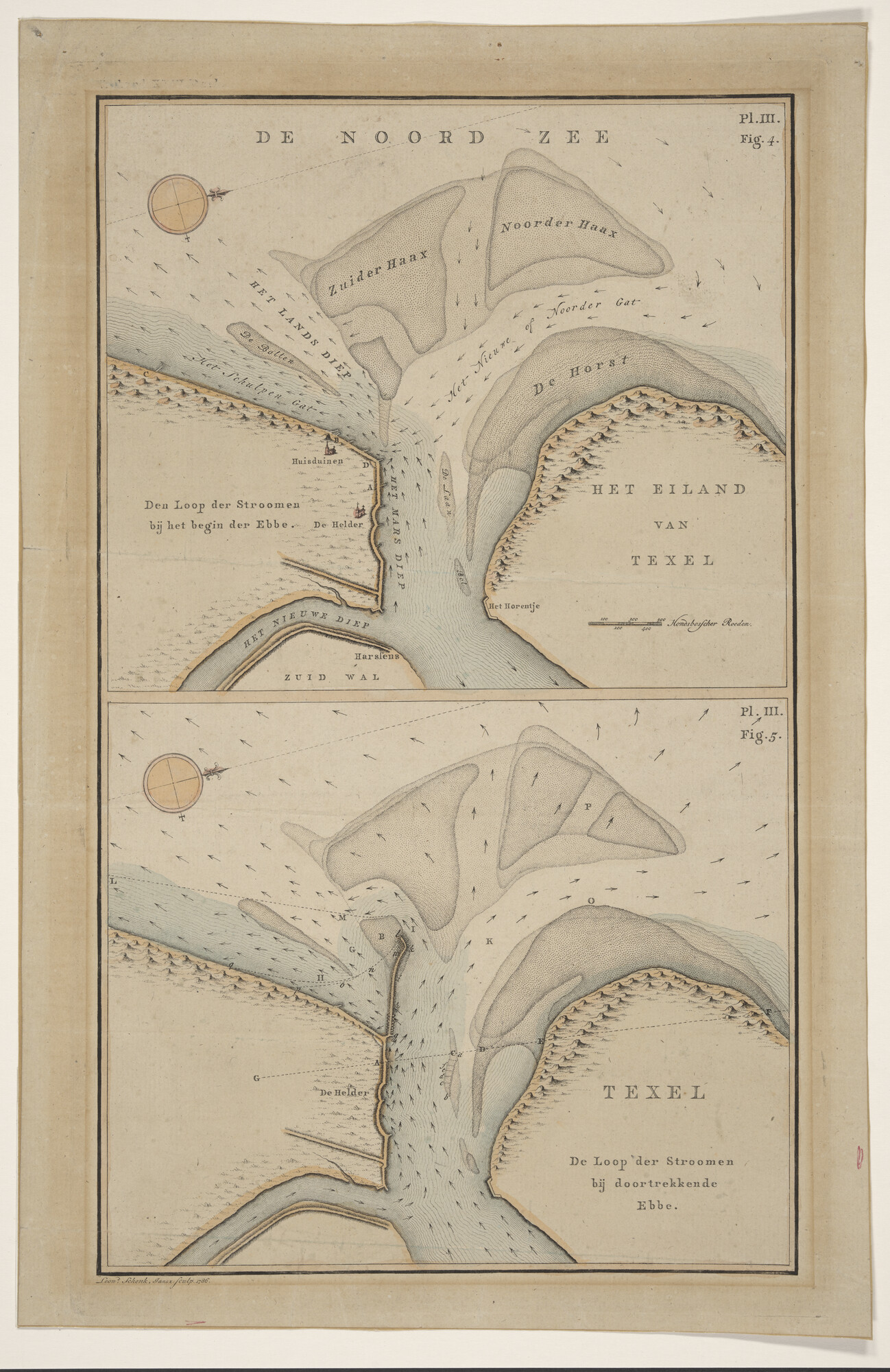 A.5238(02); Twee met de hand gekleurde kaarten op één blad, van de stromen bij het Nieuwe Diep bij Den Helder; zeekaart