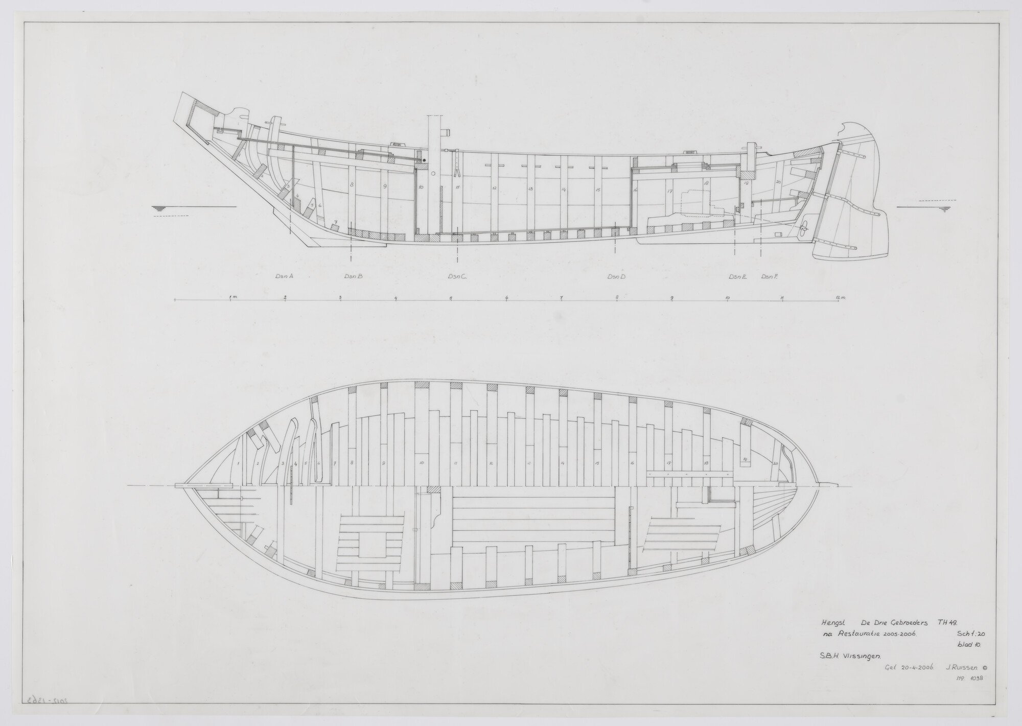 2012.1363; Constructieplan van de hengst 'De Drie Gebroeders' TH 49 van 12 meter over de stevens; technische tekening