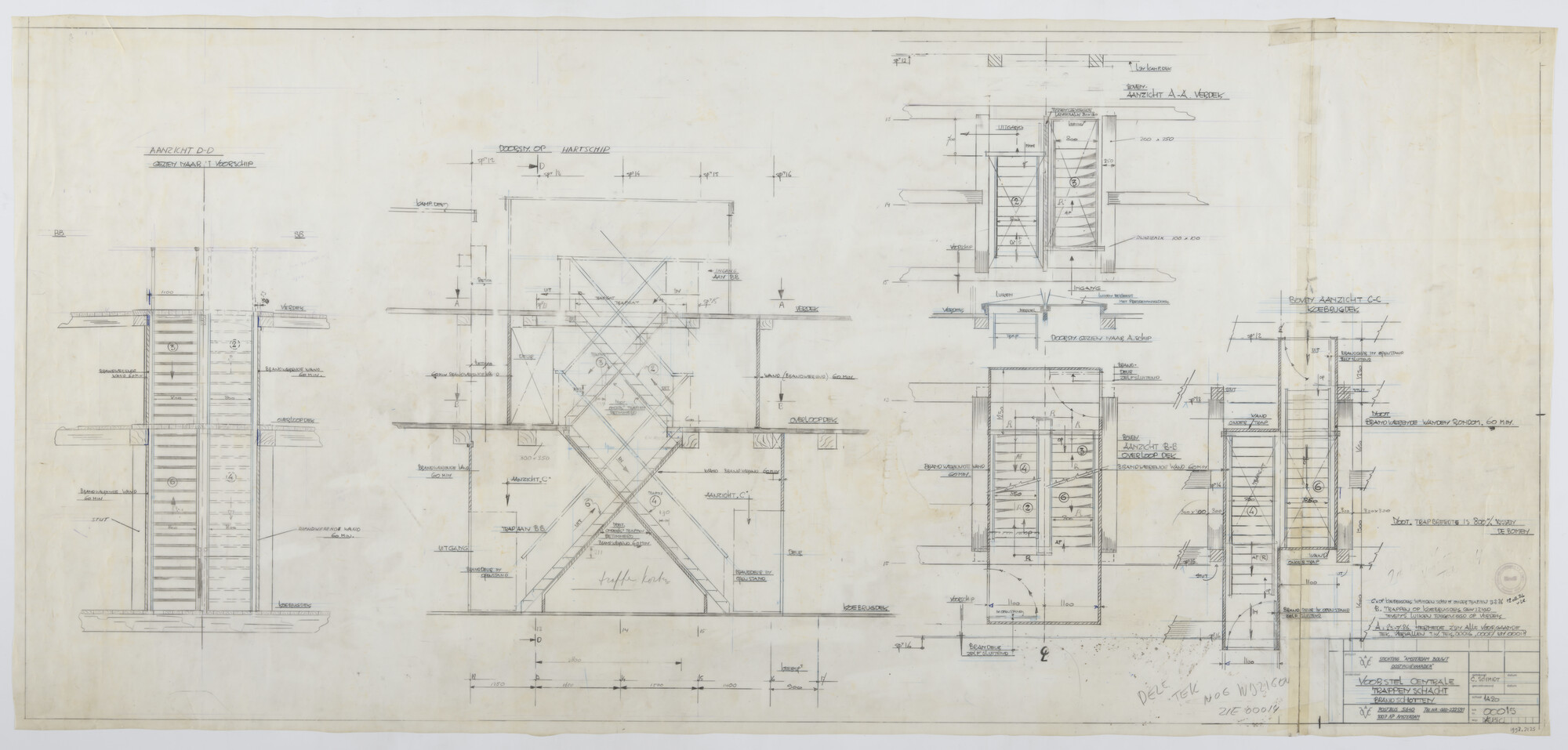 1993.2125; Voorstel centrale trappenschat en brandschotten replica Oostindiëvaarder Amsterdam; technische tekening