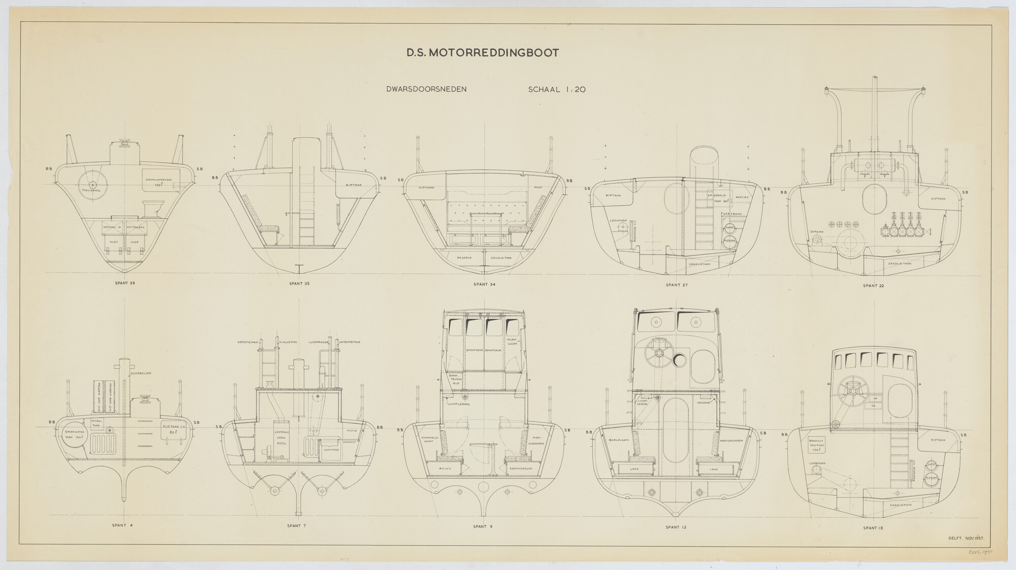 2005.1951; Dwarsdoorsneden van de stalen dubbelschroef zelfrichtende motorreddingboot "Carlot"; technische tekening