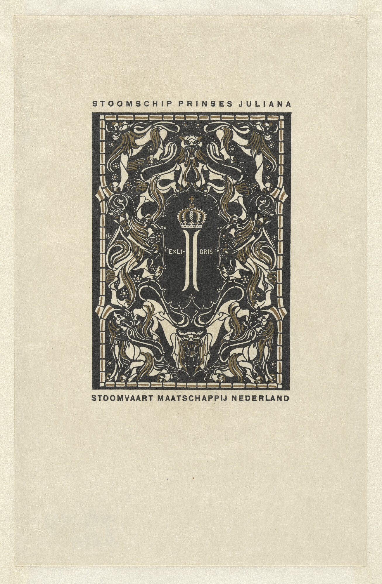 1989.0127; Ex-libris van het ss. Prinses Juliana van de Stoomvaart Maatschappij Nederland; prent