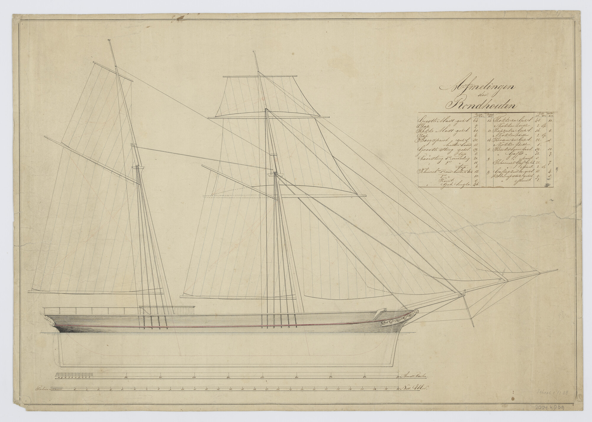 2004.4869; Tuigplan van de topzeilschoener 'Terschelling'; technische tekening