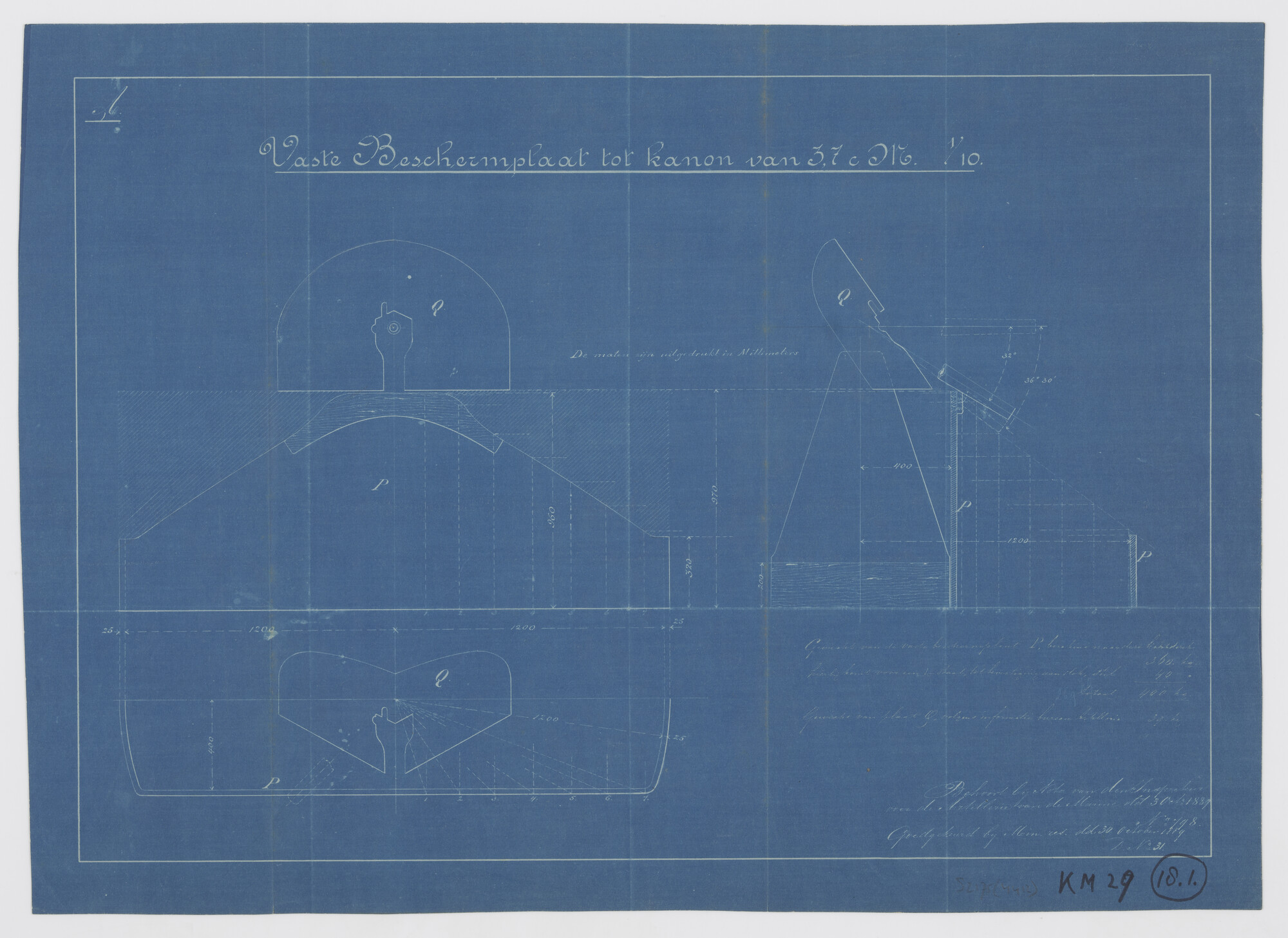 S.2175(4412); Beschermplaat tot de snelvuurkanons van 3.7 cm aan boord van de torpedoboten Zr.Ms. 'Lamongan', 'Makjan' en 'Nobo'; technische tekening