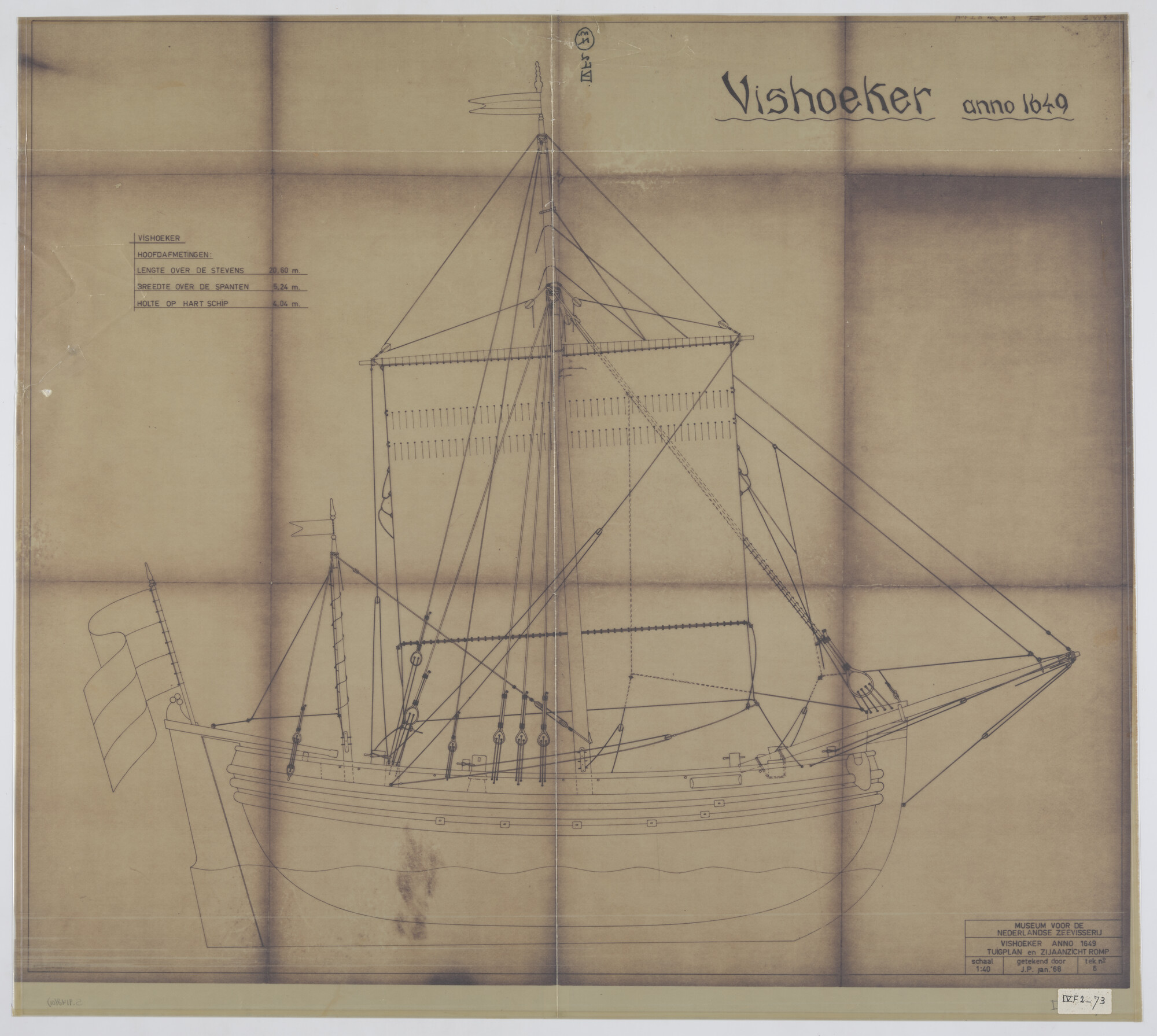 S.4148(01); Reconstructie tekeningen van een vishoeker: Tuigplan en zijaanzicht romp van een vishoeker 1649; technische tekening