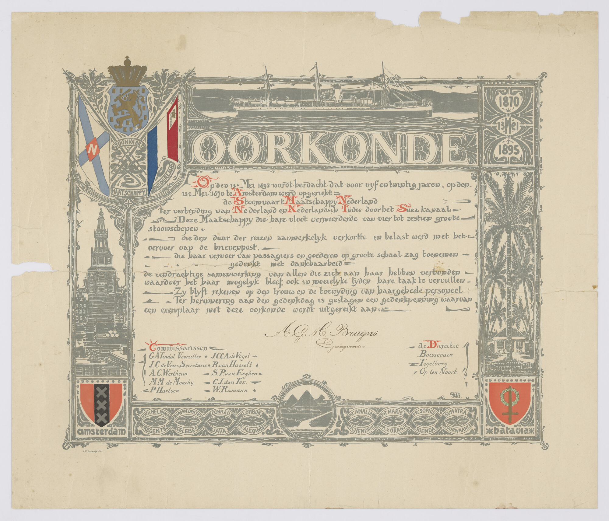 2019.0835; Oorkonde behorende bij een gedenkpenning op het 25-jarig bestaan van de SMN, uitgereikt aan kapitein A.G. Mörzer Bruijns; oorkonde