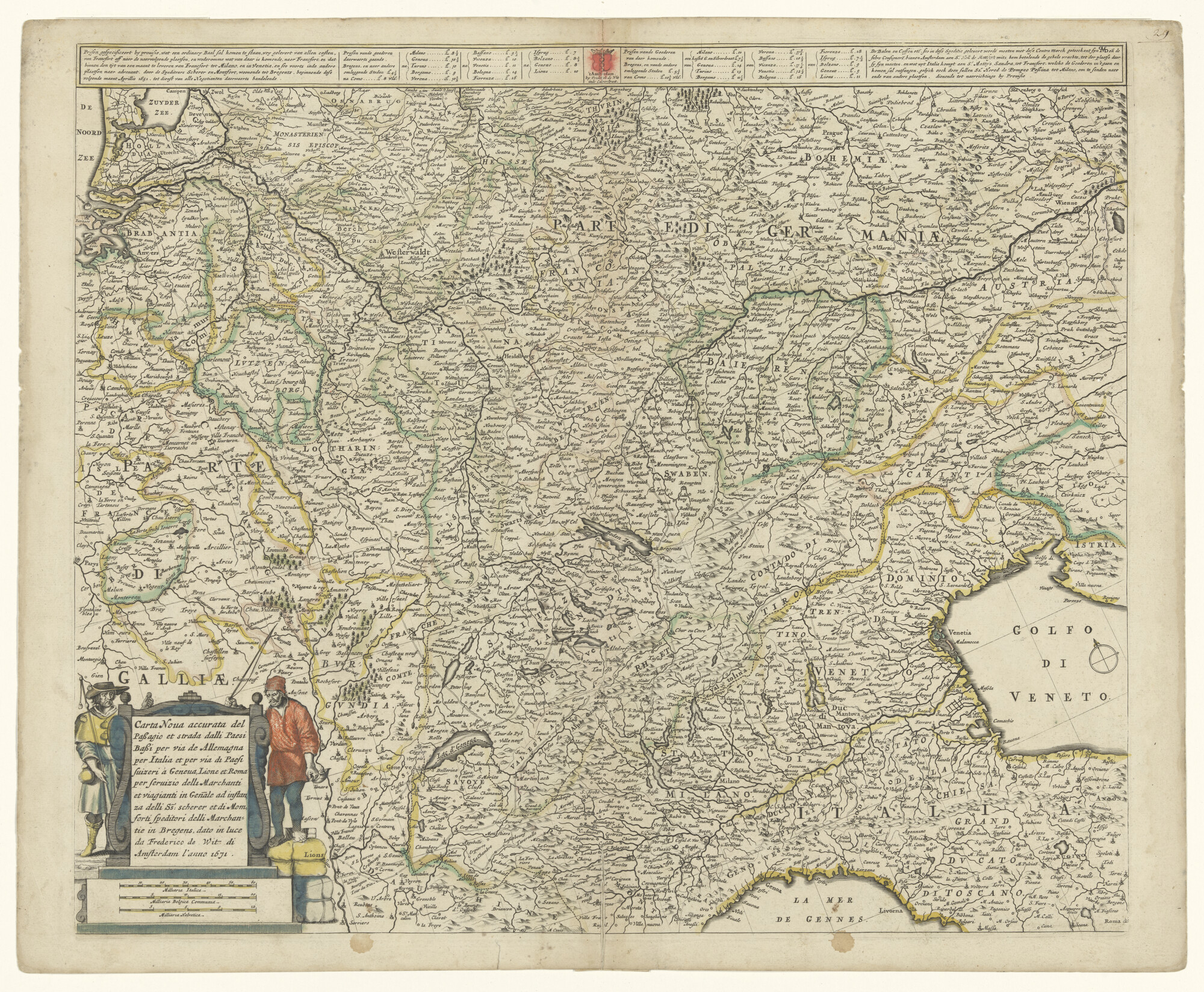 A.0145(211)062; Kaart van noord Italië en zuid Duitsland met gegevens over het reizen tussen die landen; landkaart