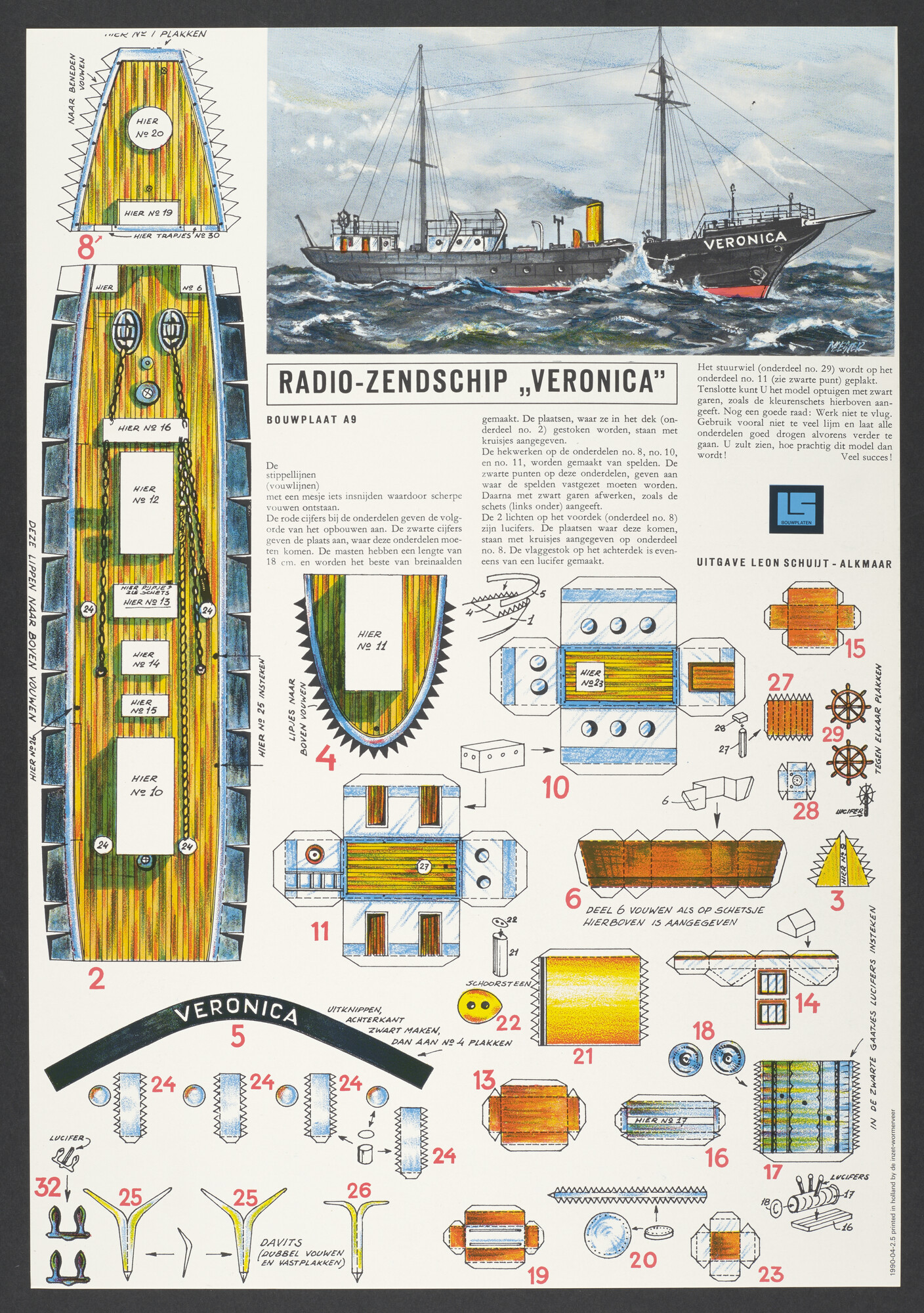 2018.0627; Bouwplaat voor een papieren model van zendschip Norderney van Radio Veronica; bouwplaat