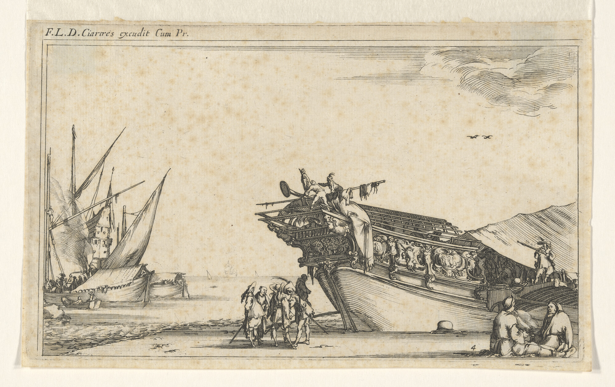 A.0989(01) [nr 0005]; Scheepvaart op een rede met rechts een gedeelte van een galei voor anker en; prent