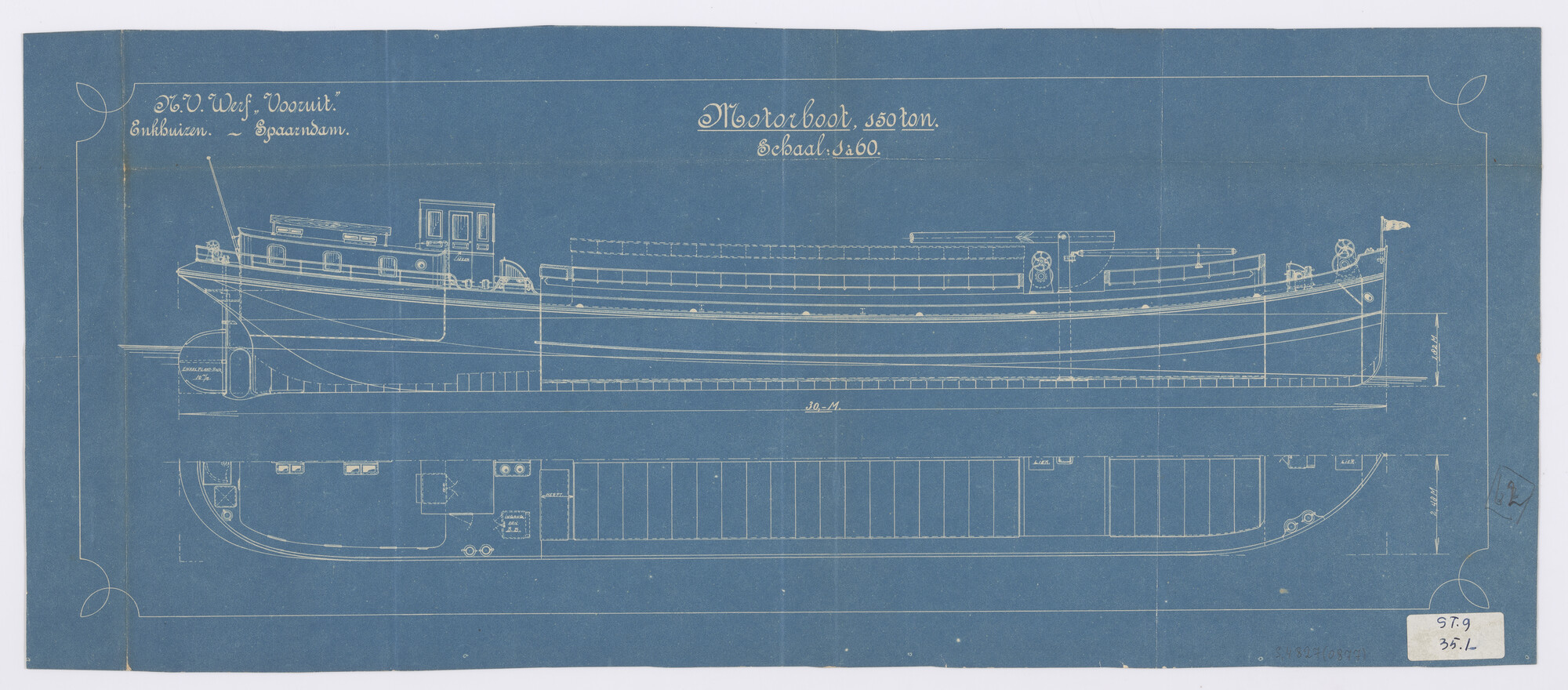 S.4827(0877); Algemeen plan van een motorboot; technische tekening