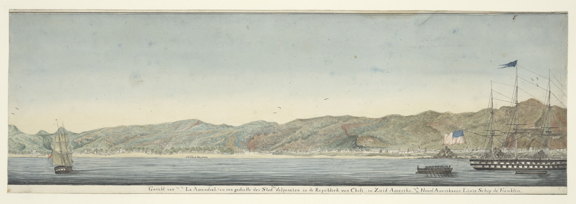 A.1964; Het korvet Zr.Ms. 'Lynx'  op de rede van Valparaiso; tekening