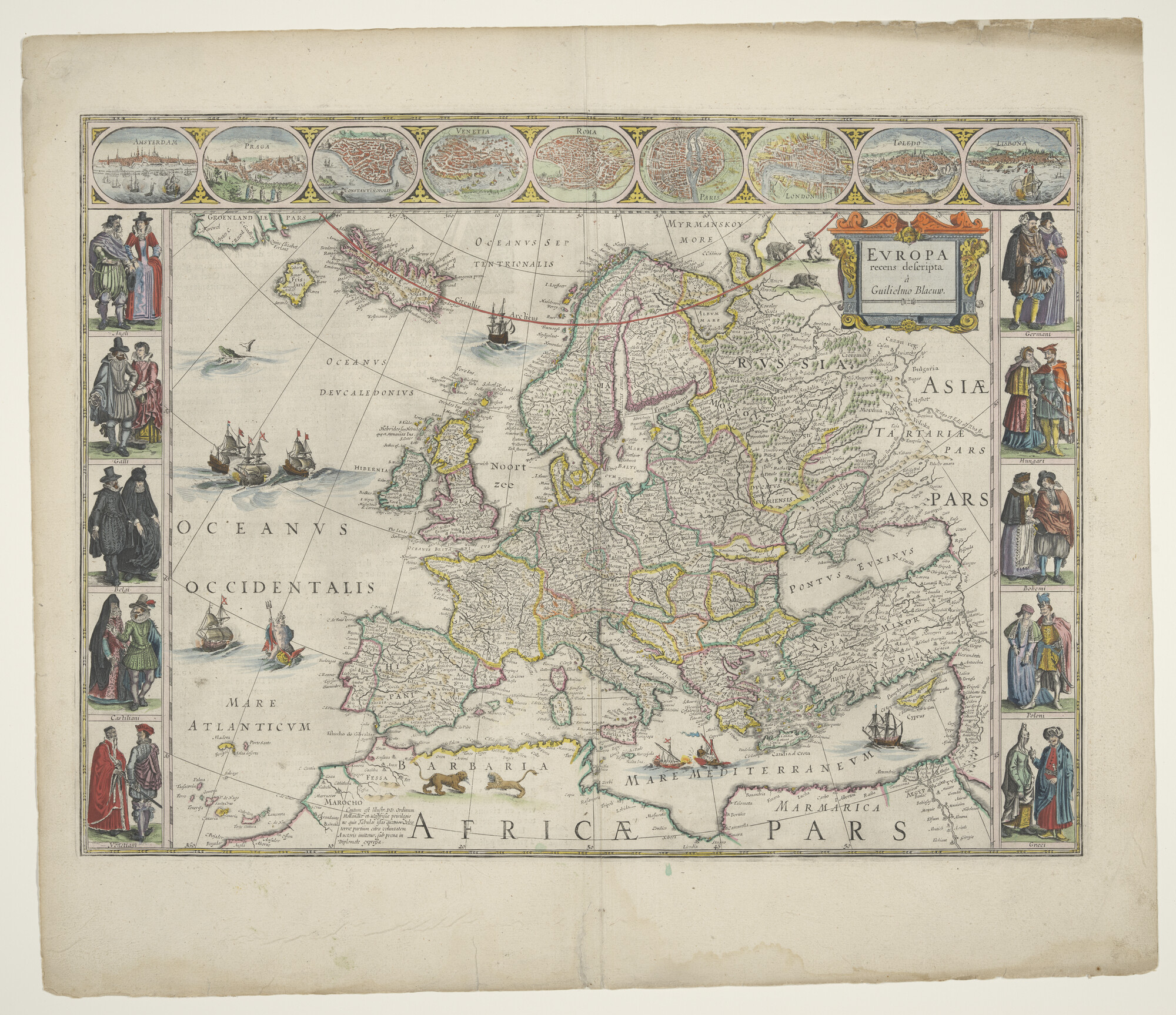 A.3845(01)014; Met de hand gekleurde kaart van Europa door Willem Jansz. Blaeu, Amsterdam, circa 1630; landkaart