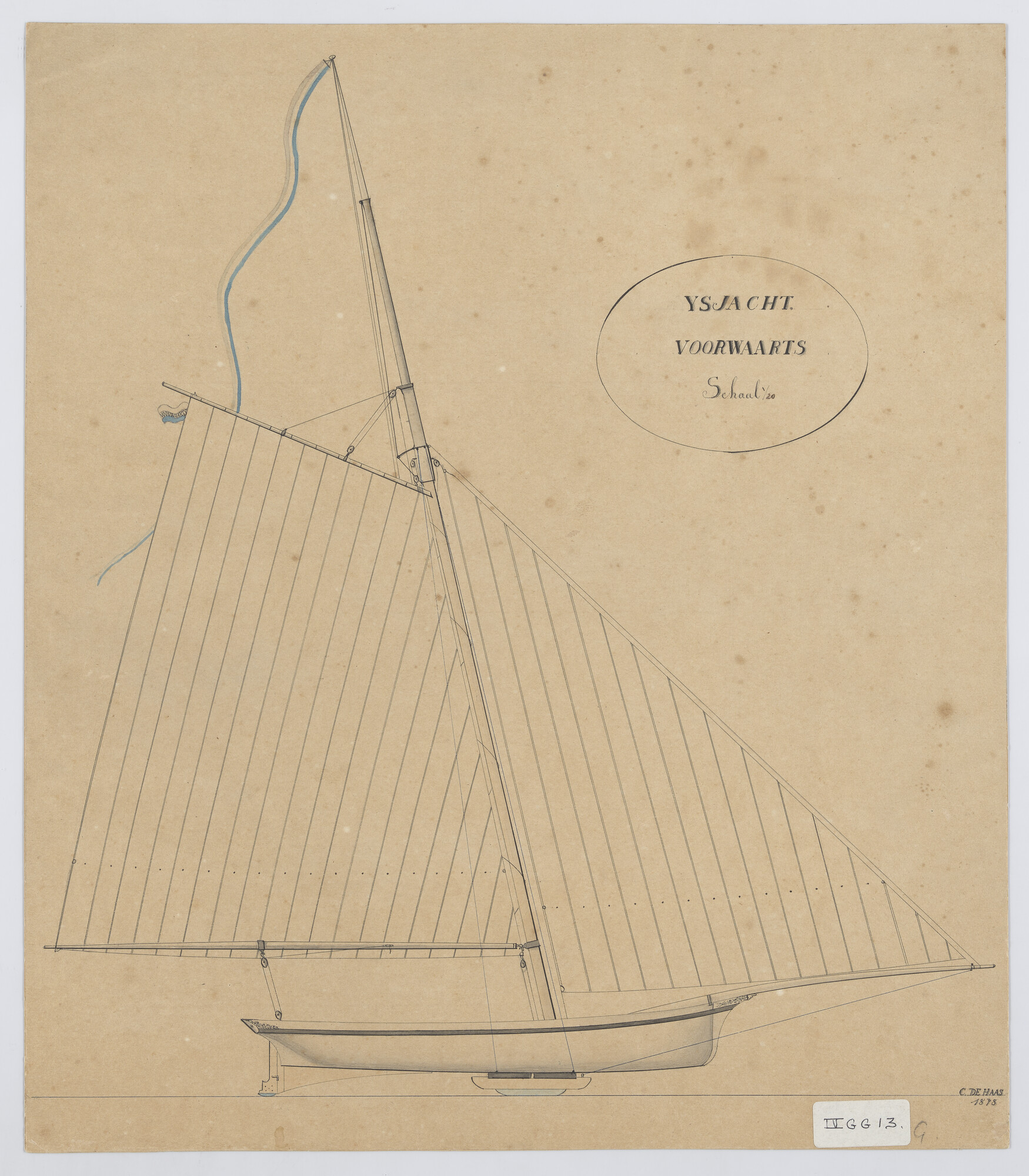 S.1300(02)5; Zijaanzicht van het ijsjacht Voorwaarts, 1878; technische tekening