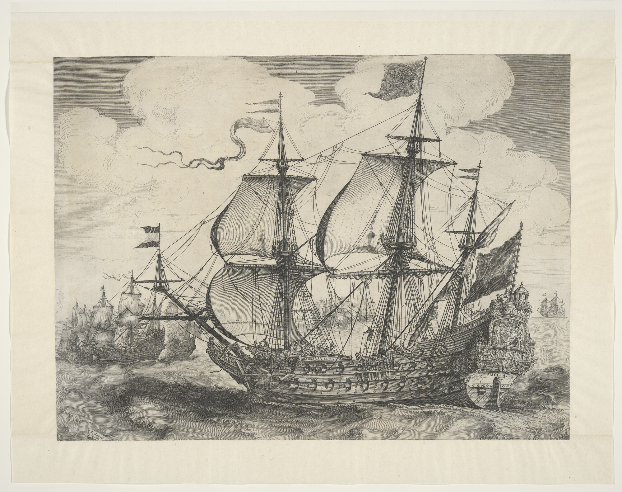 A.0145(121)8; Het fregat Aemilia, het admiraalsschip van Maarten Harpertsz Tromp; prent