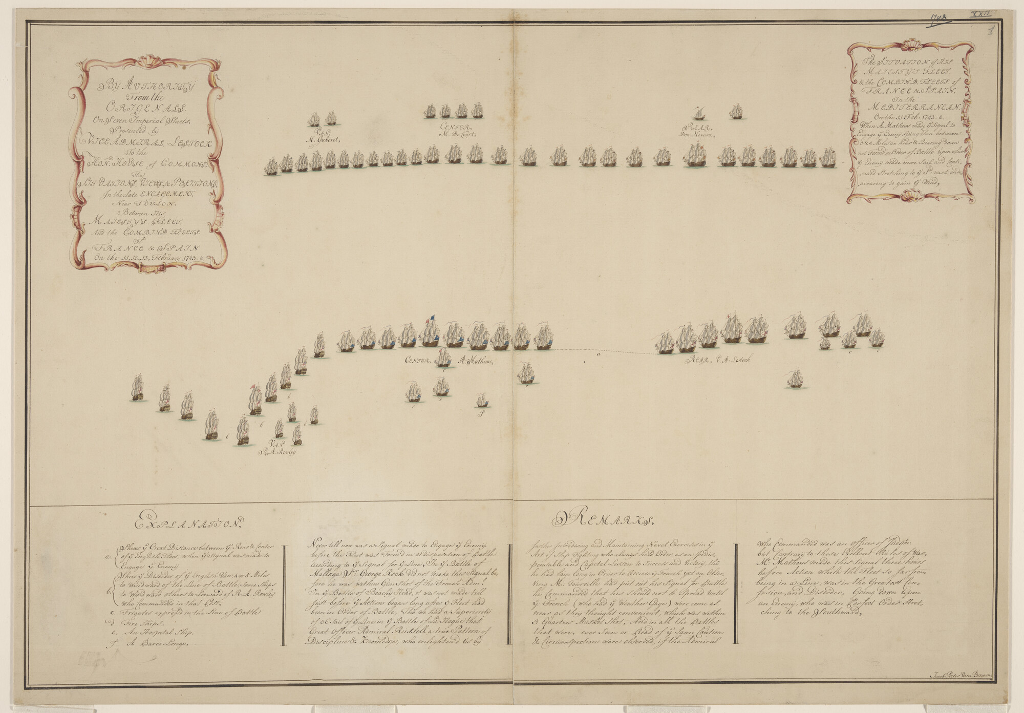 S.0597(01)1; Tekening van de zeeslag tussen de Engelse vloot en de gecombineerde Franse en Spaanse vloten bij Toulon, 1744; tekening