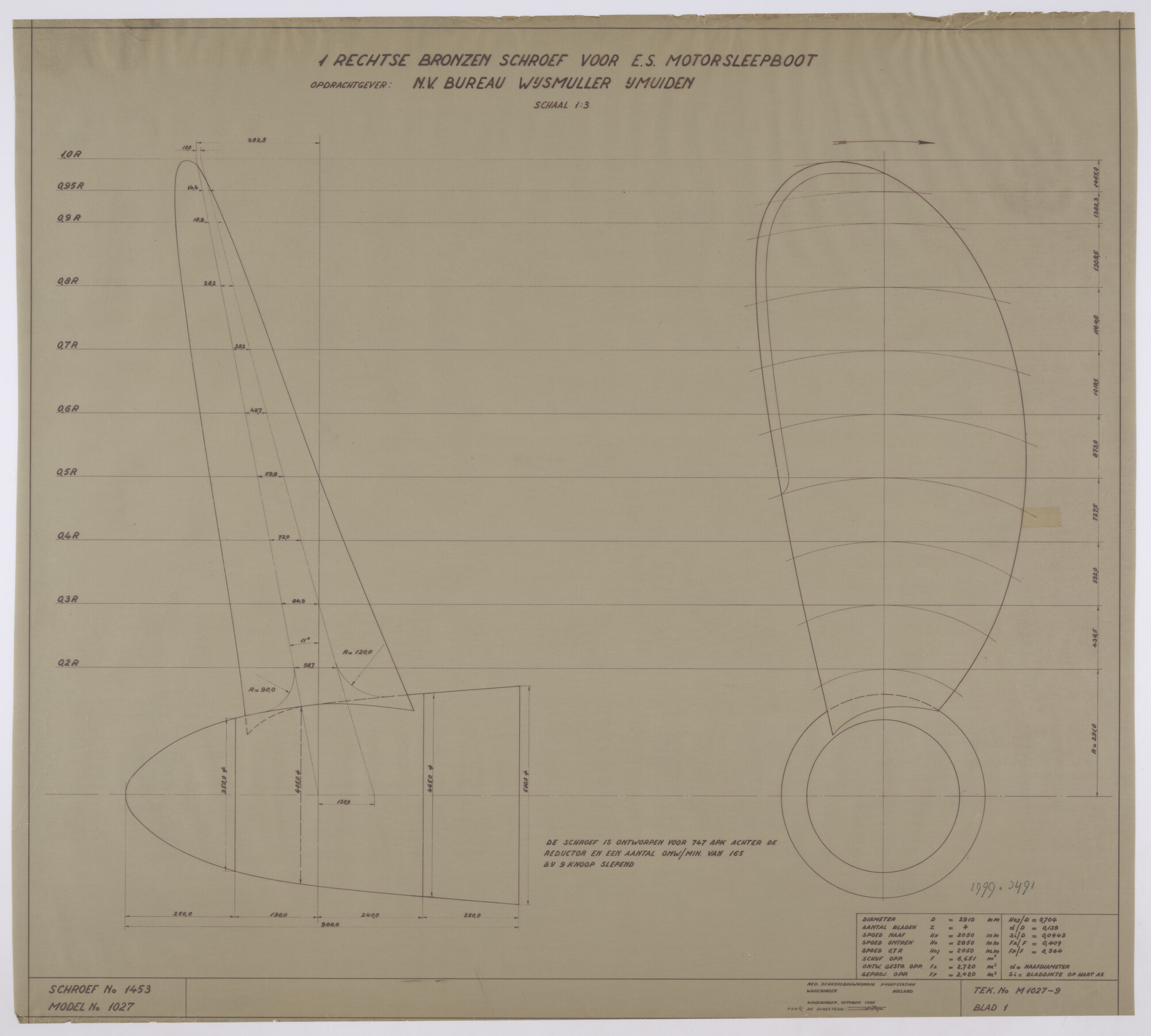 1999.3491; Rechtse bronzen schroef voor E.S. motorsleepboot 'Cycloop'; technische tekening