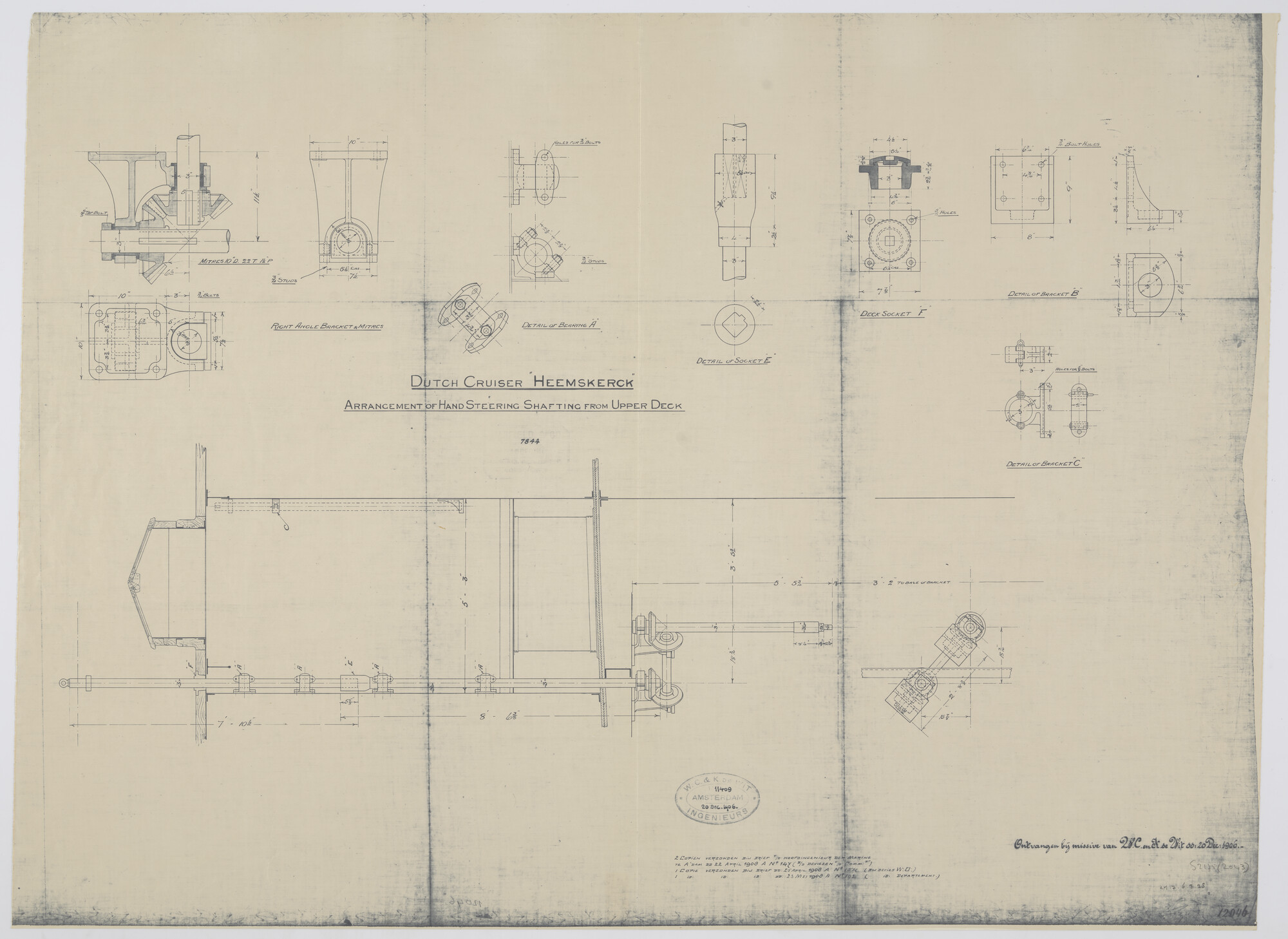 S.2175(2043); Diverse doorsneden van de handstuurinrichting op de kampanje van het pantserschip Hr.Ms. Jacob van Heemskerck; technische tekening