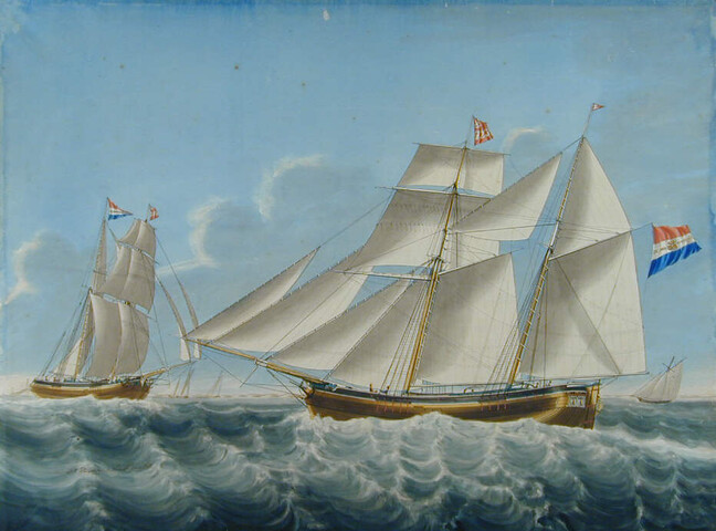 A.0037(04); Het kofschip 'De Drie Aurelia's' uitzeilende bij Vlieland; tekening