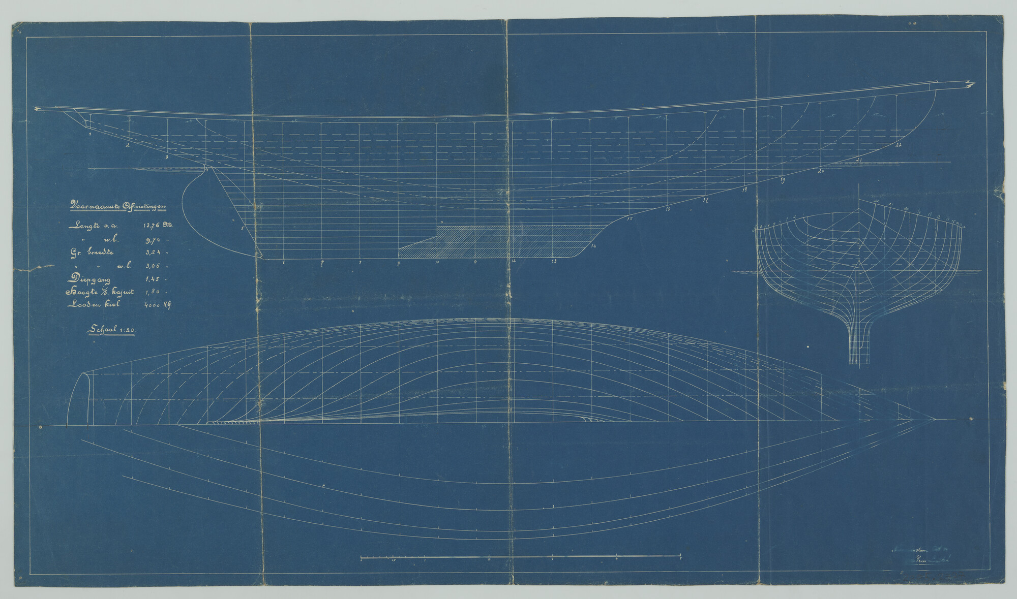 2005.2727; Lijnenplan van zeiljacht Jozef Israëls; technische tekening