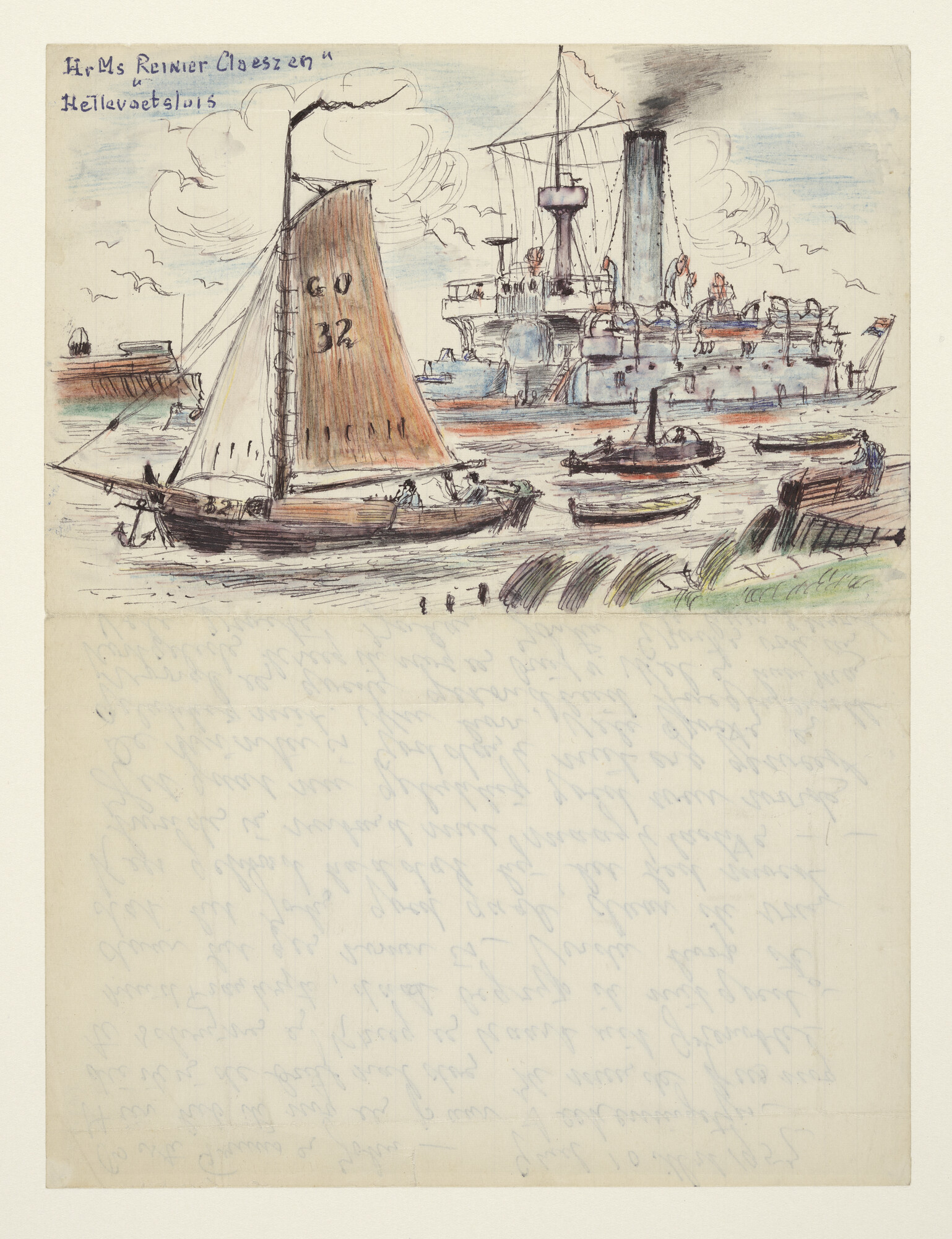 S.4963(01); Ramschip Hr.Ms. 'Reinier Claeszen' in de haven van Hellevoetsluis, circa 1900; tekening