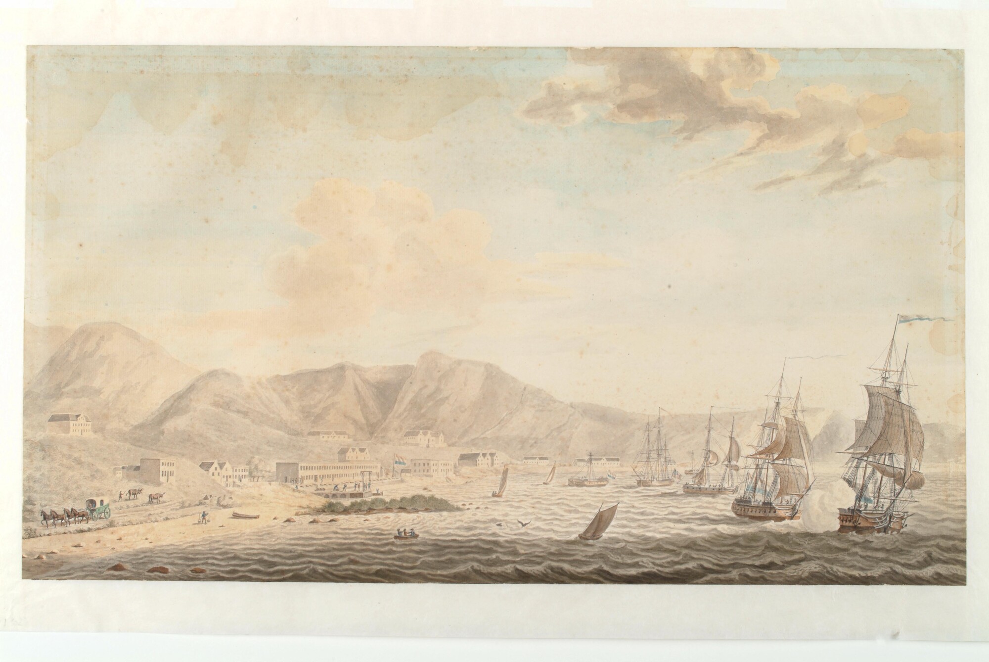 A.1521(02); Het uitzeilen van 's Lands eskader onder bevel van Kapitein Cornelius de Jong van de rede van Kaapstad; tekening