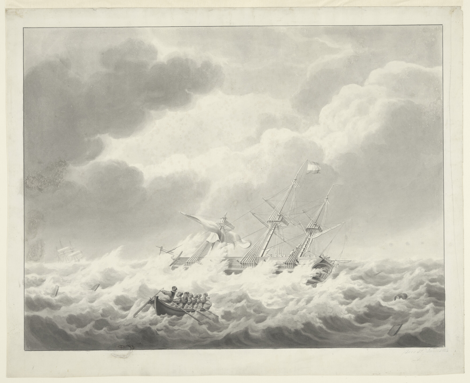 A.3371; Een fregatschip in nood; tekening