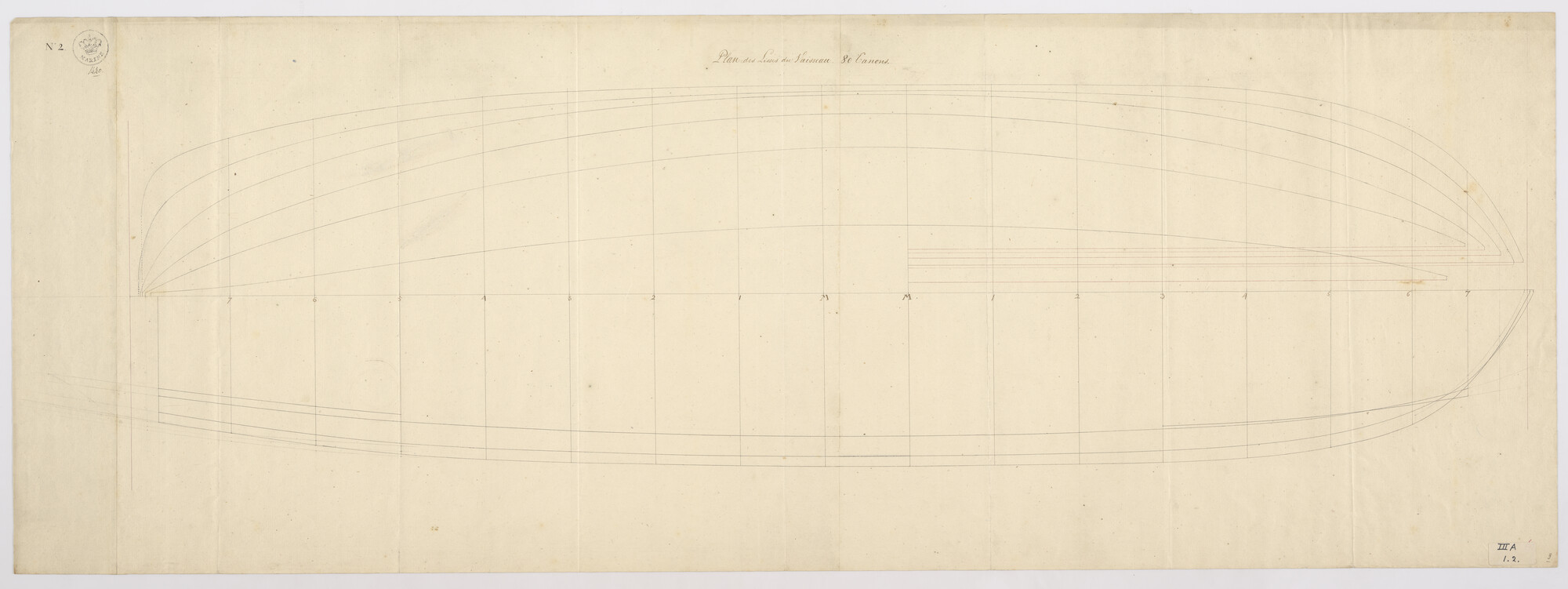 S.2599(0012); Lijnenplan van het linieschip 'Zoutman' van 80 stukken; technische tekening