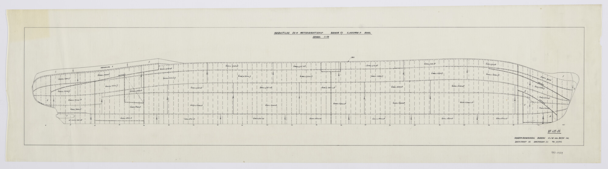 1992.0929; Huiduitslag motorvrachtschip voor R. Huisman - Rohel (Friesland) -; technische tekening