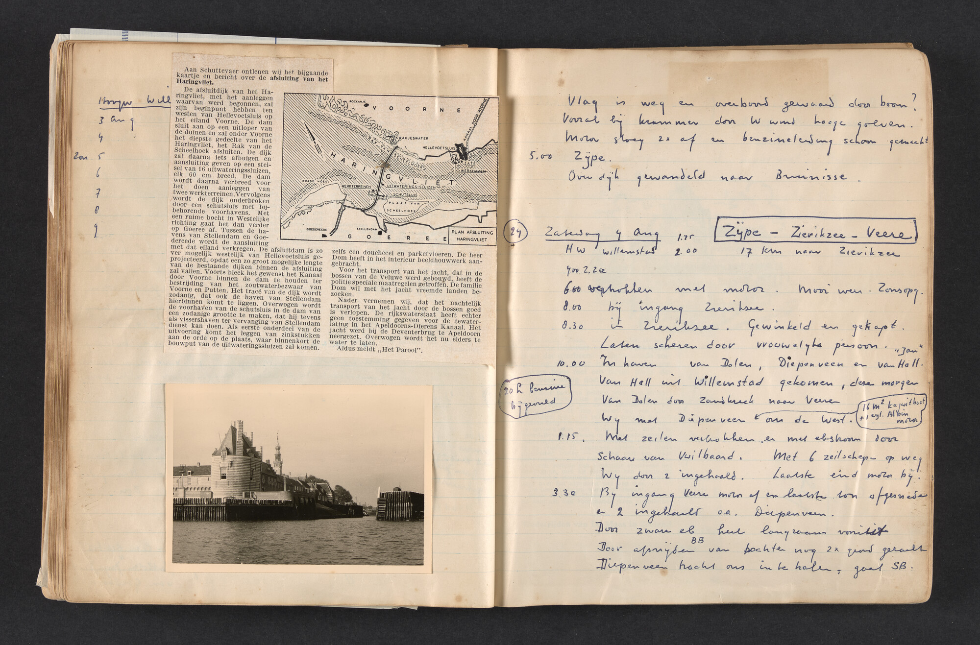 2017.0792; Logboek c.q. fotoalbum van reizen met zeeschouw Grutto in Nederland, 1955-1957; logboek